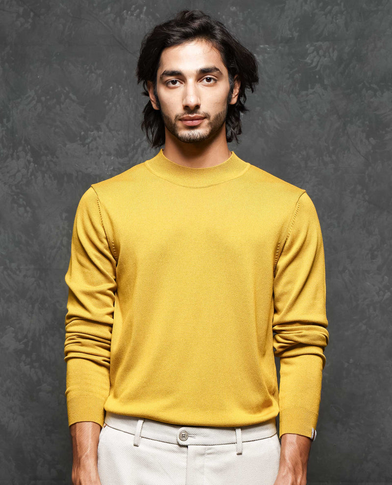 RARE RABBIT MENS ALFO 1 MUSTARD SWEATER VISCOSE NYLON FABRIC HIGH NECK KNITTED FULL SLEEVES FITTED