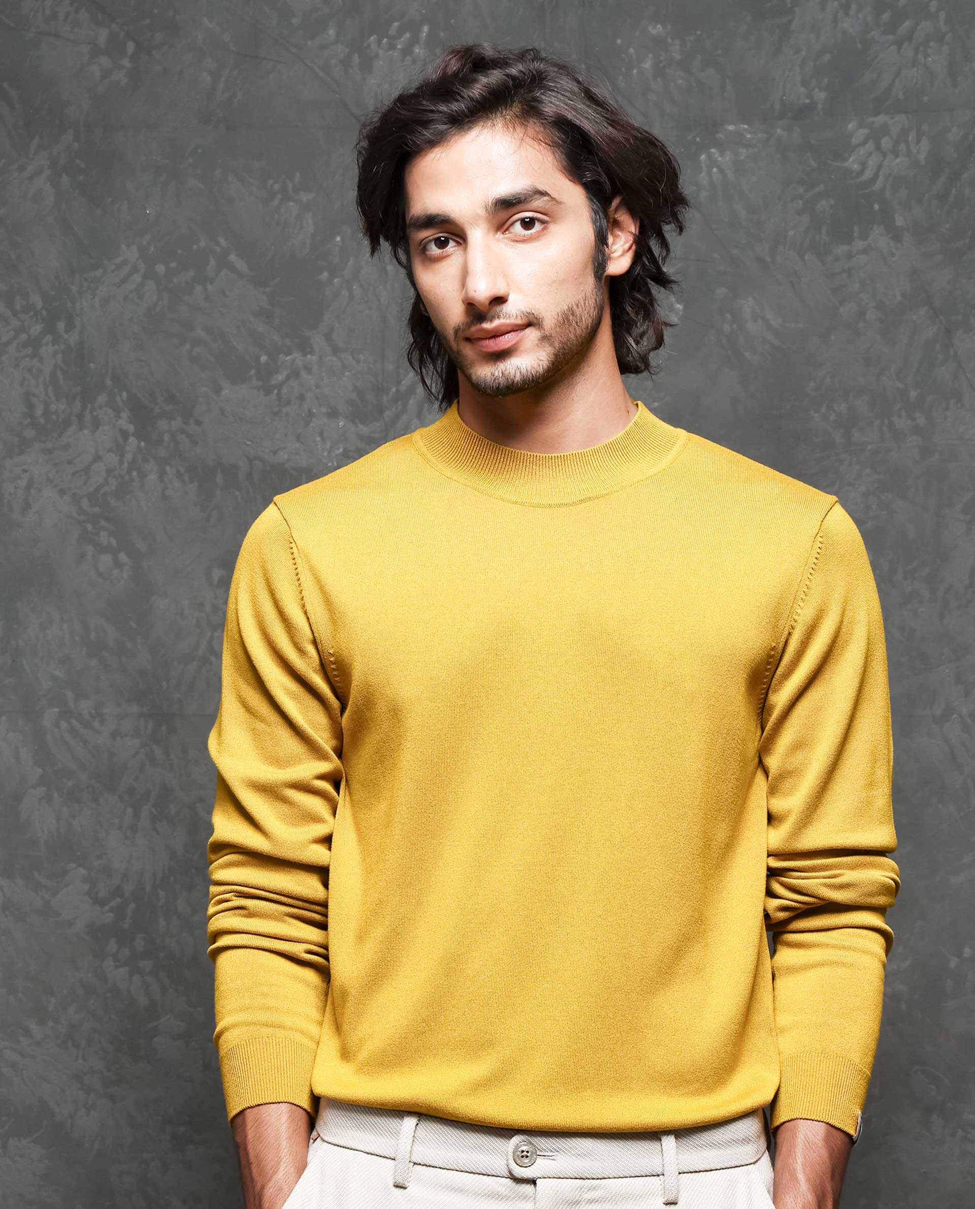 Rare Rabbit Men's Alfo Mustard Viscose Plain Slim Fit Full Sleeve Hi