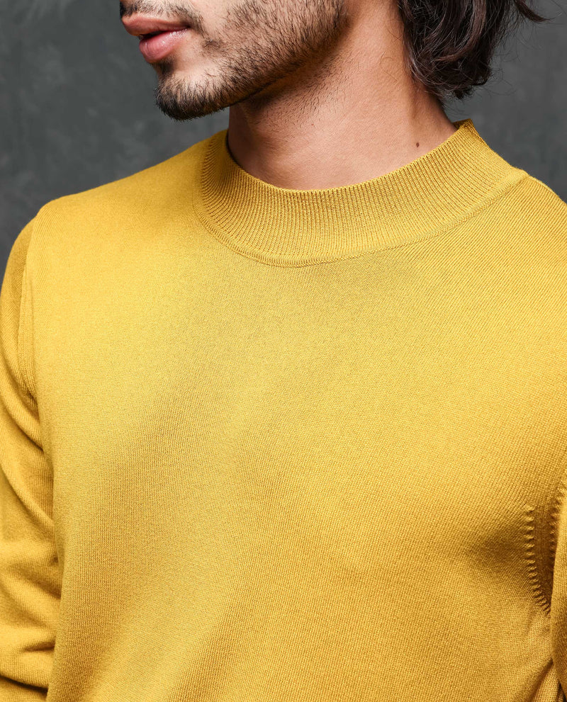 Rare Rabbit Mens Alfo 1 Mustard Sweater Viscose Nylon Fabric High Neck Knitted Full Sleeves Fitted