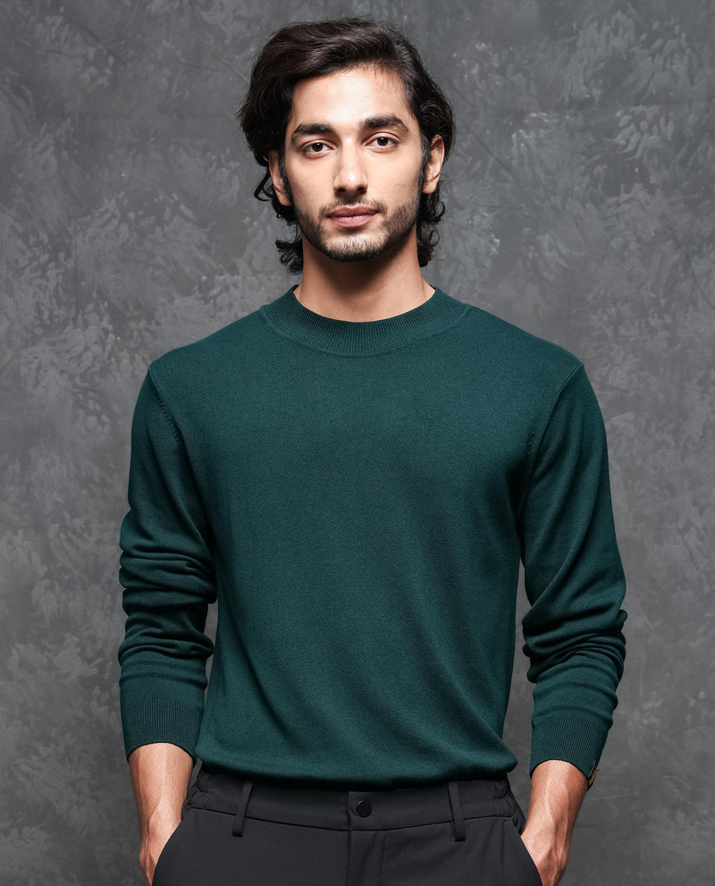 RARE RABBIT MENS ALFO 1 GREEN SWEATER VISCOSE NYLON FABRIC HIGH NECK KNITTED FULL SLEEVES FITTED