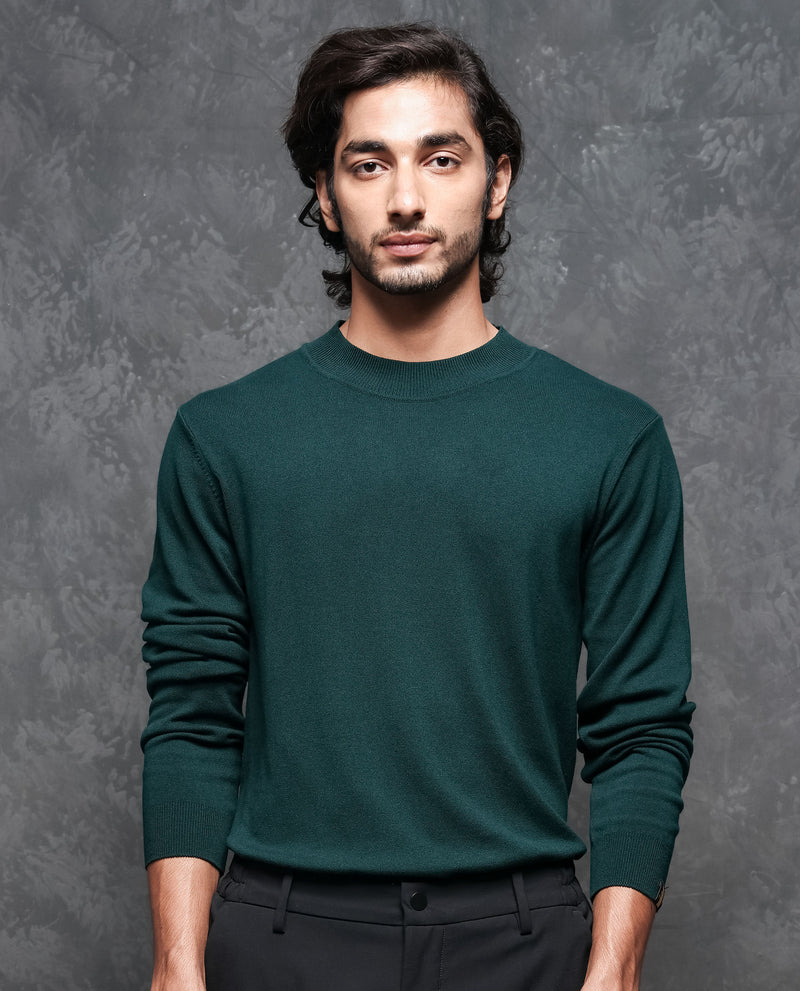 RARE RABBIT MENS ALFO 1 GREEN SWEATER VISCOSE NYLON FABRIC HIGH NECK KNITTED FULL SLEEVES FITTED