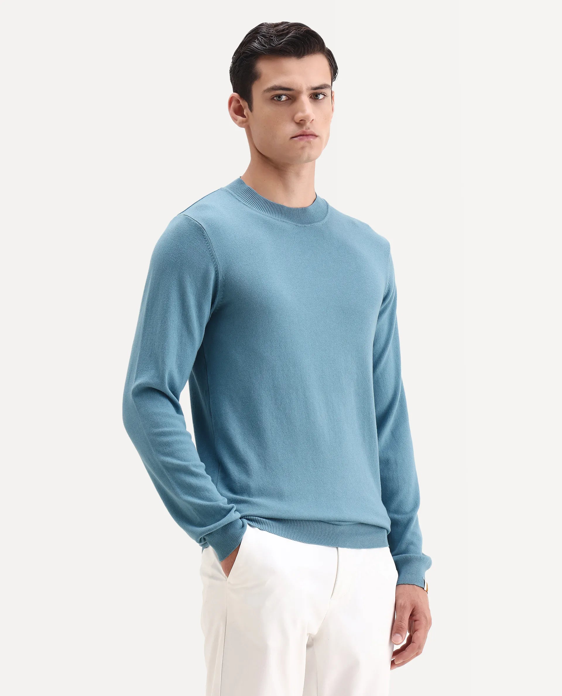 Rare Rabbit Men's Alfo 1 Light Blue Viscose Plain Slim Fit Full Sleeve High Neck Sweater