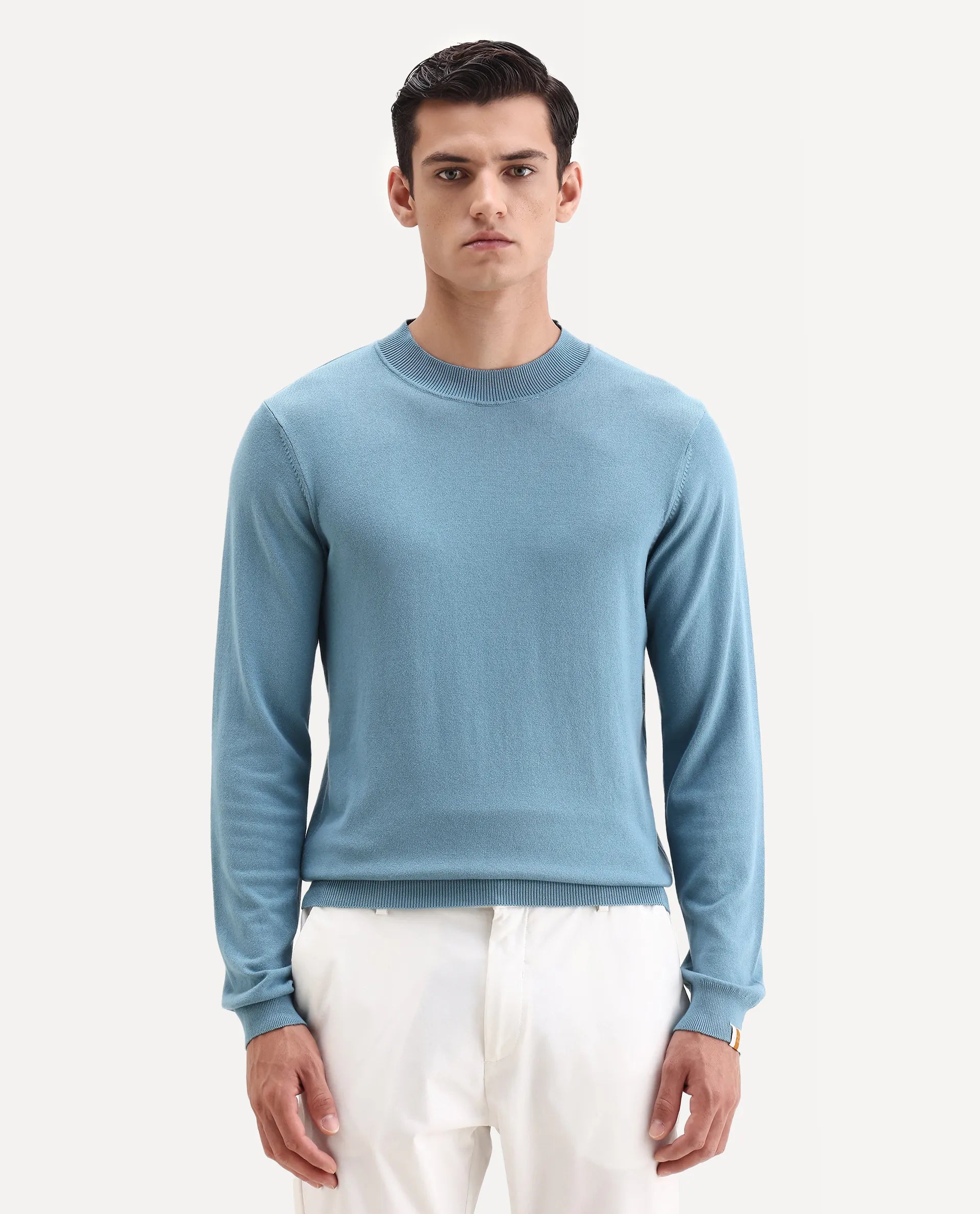 Rare Rabbit Men's Alfo 1 Light Blue Viscose Plain Slim Fit Full Sleeve High Neck Sweater