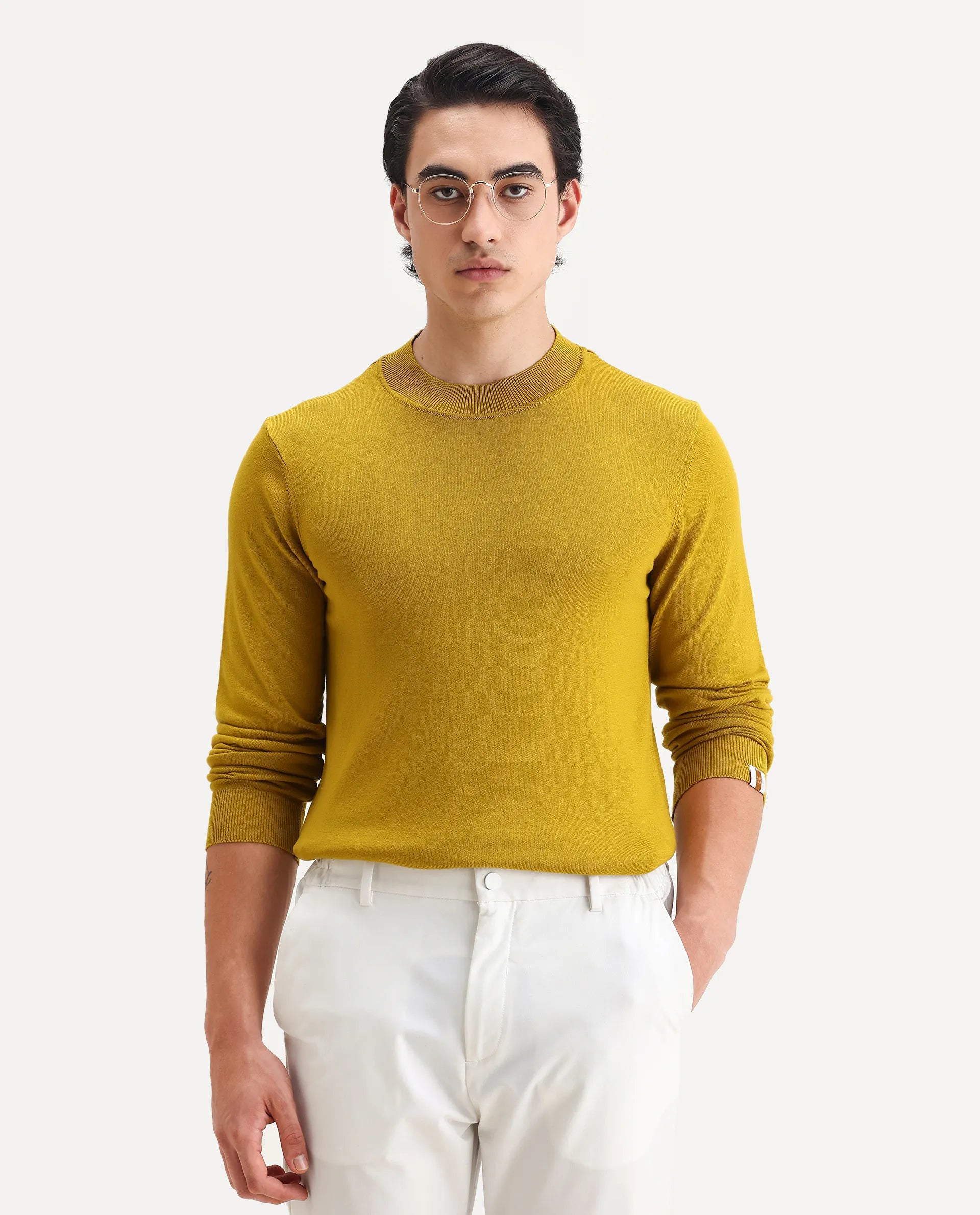 Rare Rabbit Men's Alfo 1 Mustard Viscose Plain Slim Fit Full Sleeve High Neck Sweater