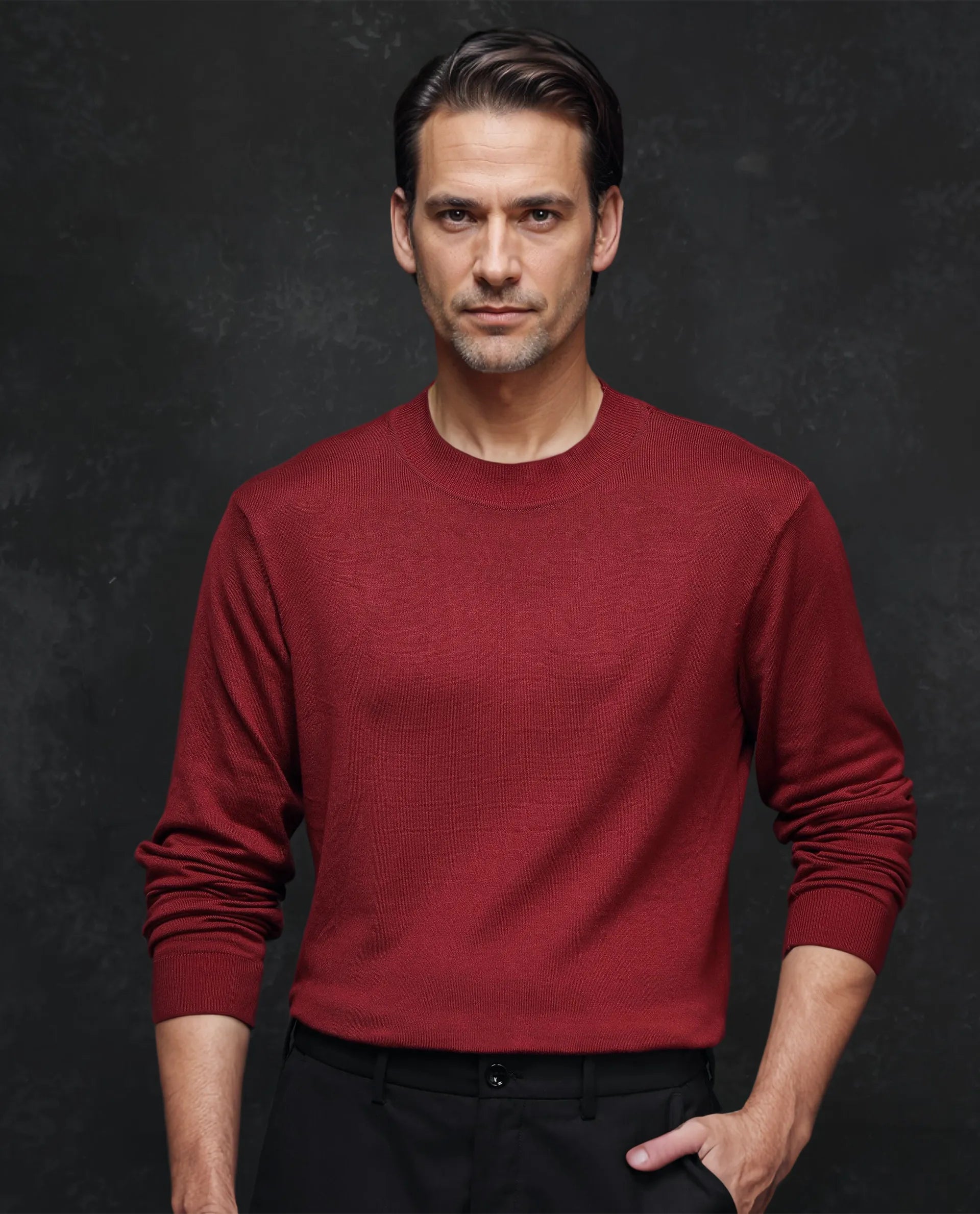 Rare Rabbit Men's Alfot Red Viscose Nylon Fabric Full Sleeve High Neck Regular Fit Plain Sweater