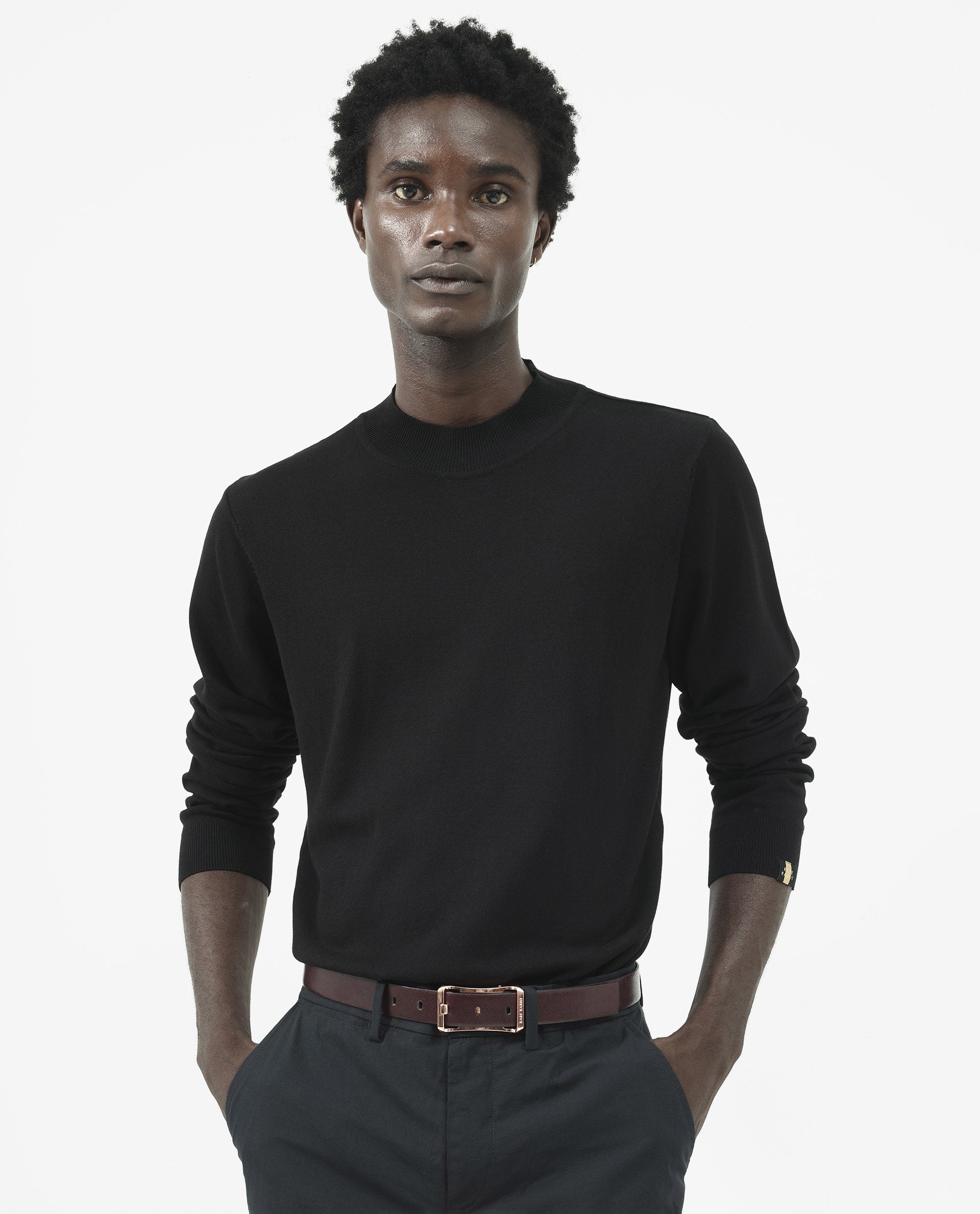 Rare Rabbit Men's Alfot Black Viscose Nylon Fabric Full Sleeve High Neck Regular Fit Plain Sweater