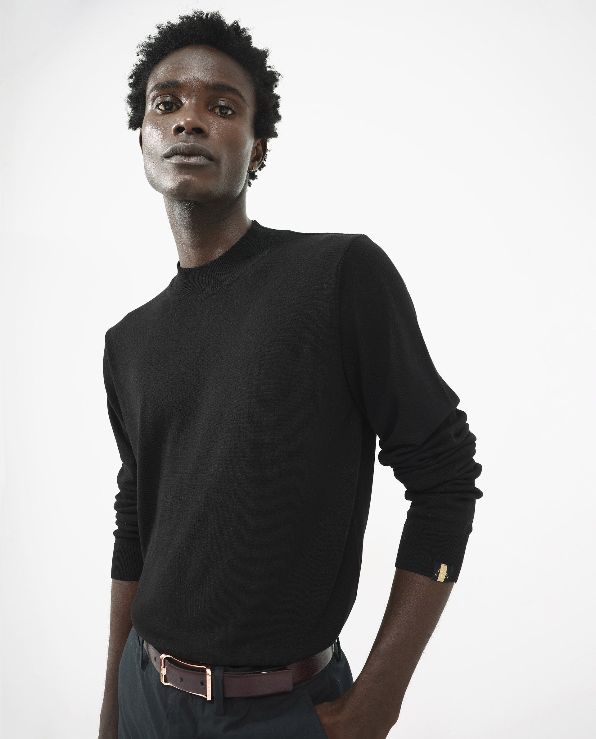 Rare Rabbit Men's Alfot Black Viscose Nylon Fabric Full Sleeve High Neck Regular Fit Plain Sweater