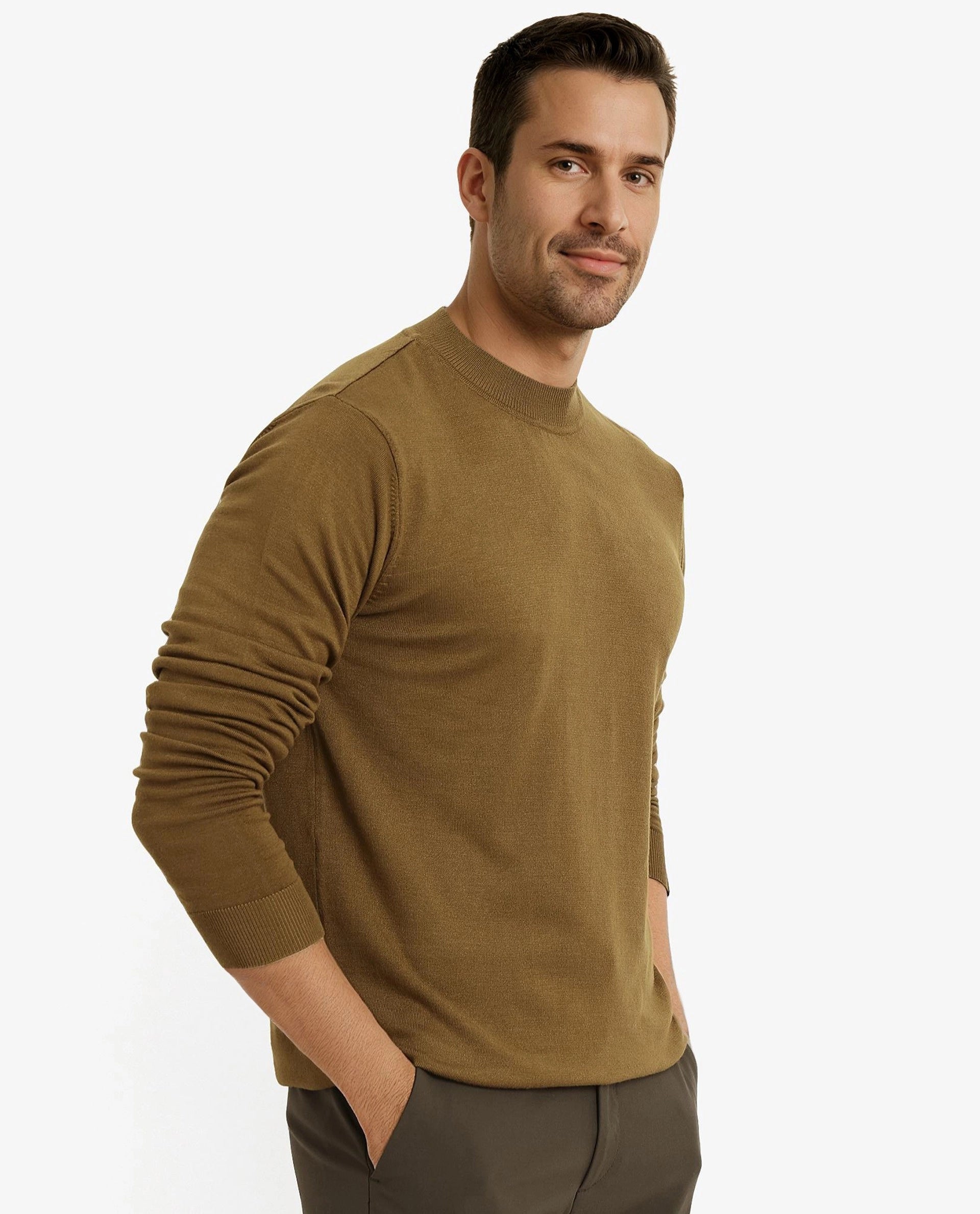 Rare Rabbit Men's Alfot Olive Viscose Nylon Fabric Full Sleeve High Neck Regular Fit Plain Sweater