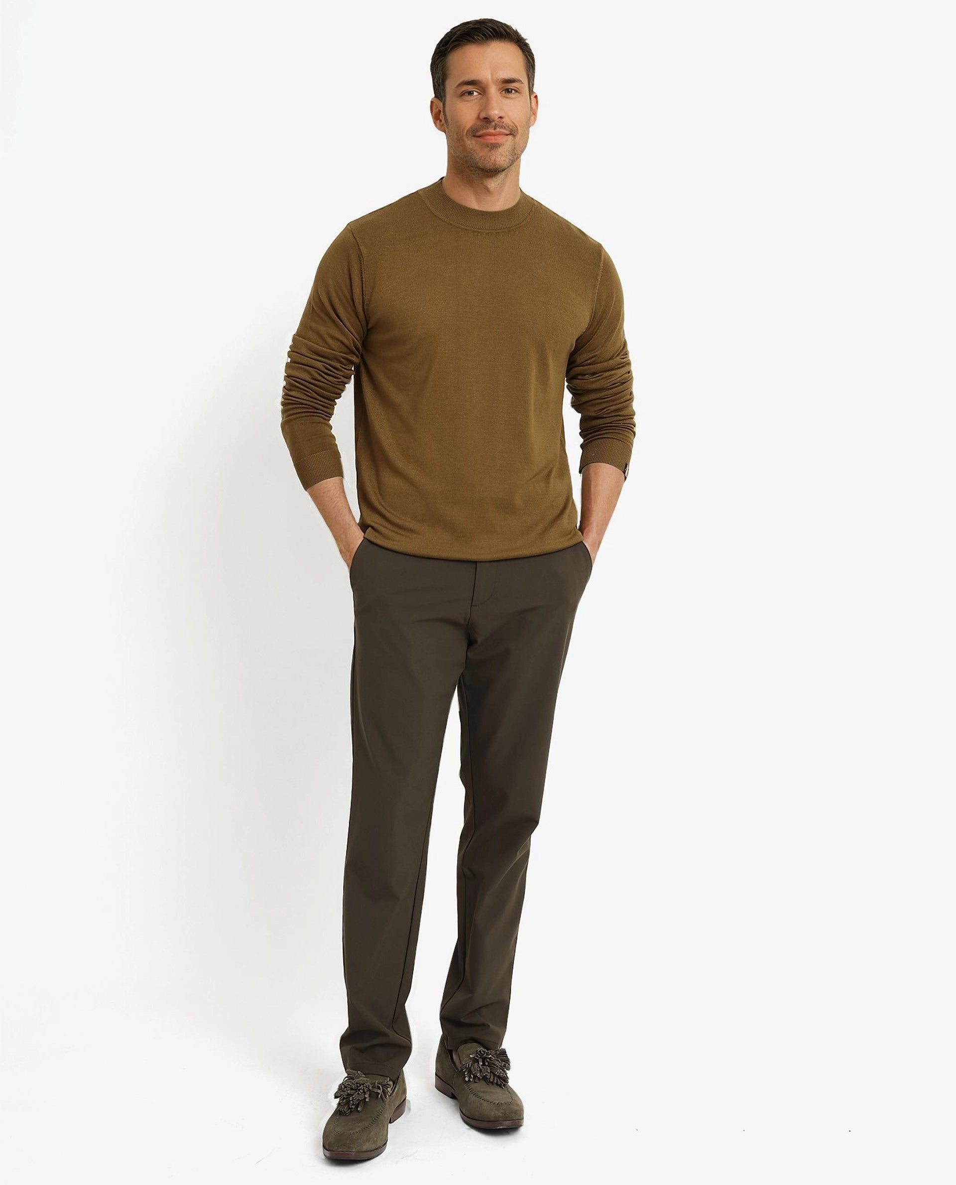 Rare Rabbit Men's Alfot Olive Viscose Nylon Fabric Full Sleeve High Neck Regular Fit Plain Sweater