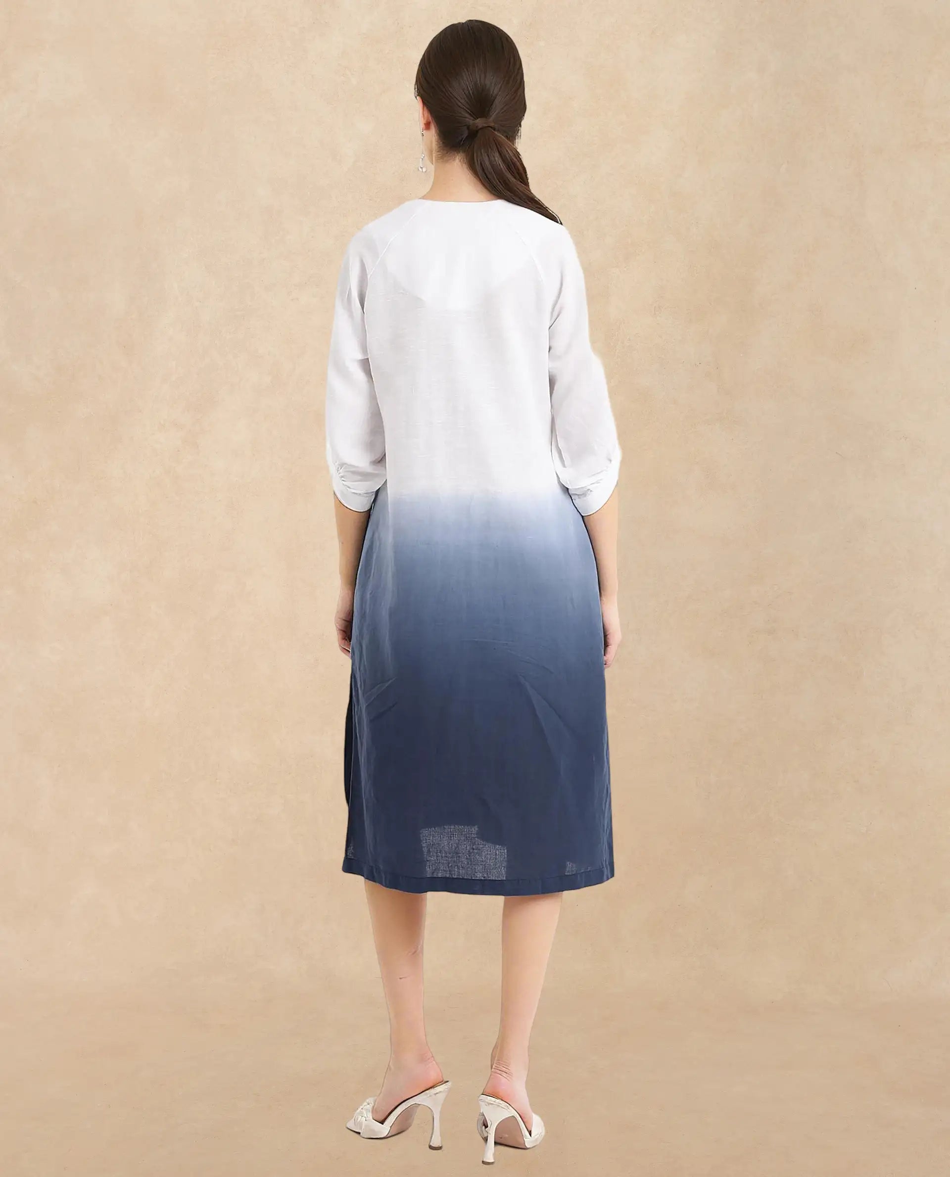 Rareism Women's Algan White Polyester Blend Fabric V-Neck  Raglan Sleeve Ombre Straight Fit Midi Dress