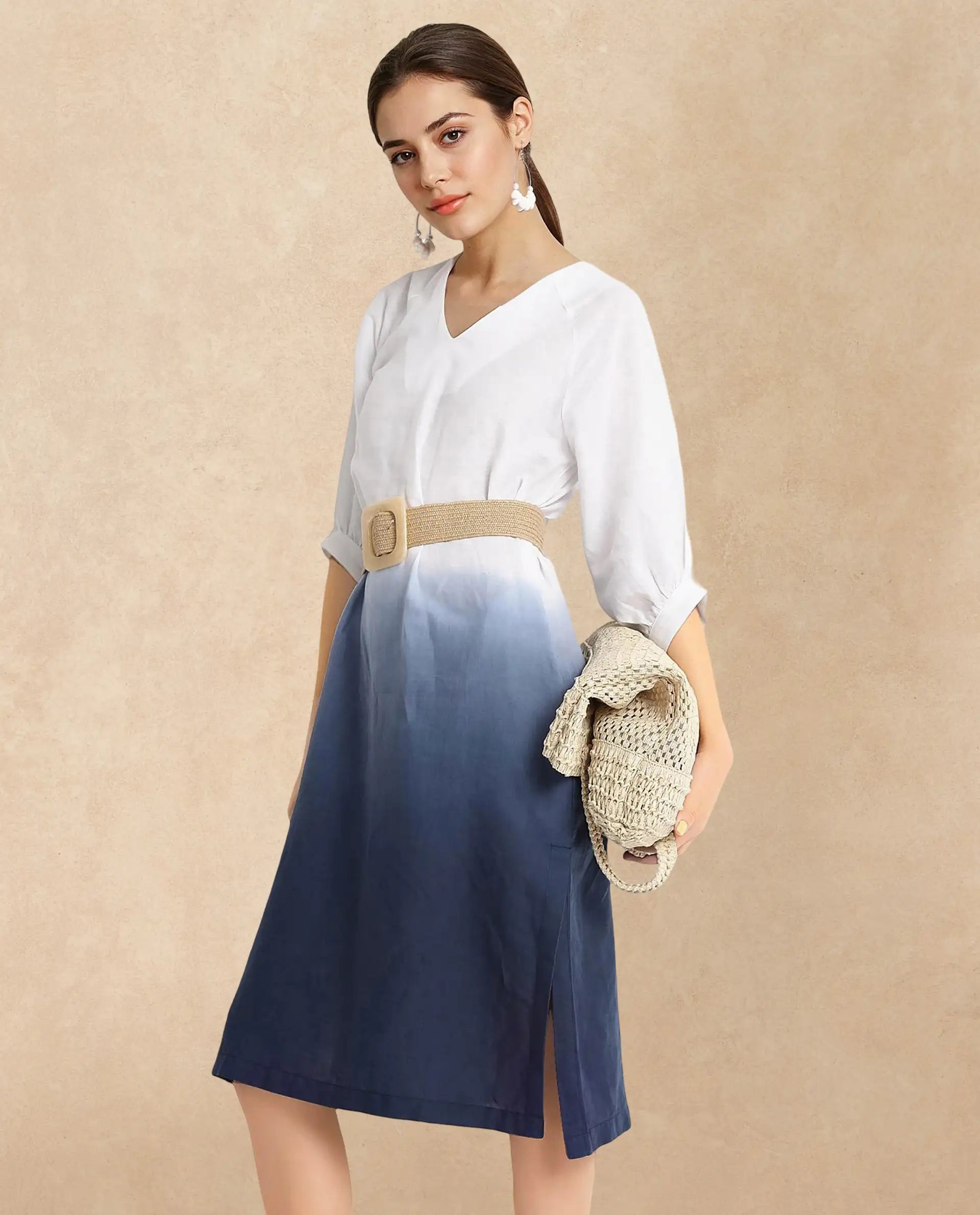 Rareism Women's Algan White Polyester Blend Fabric V-Neck  Raglan Sleeve Ombre Straight Fit Midi Dress