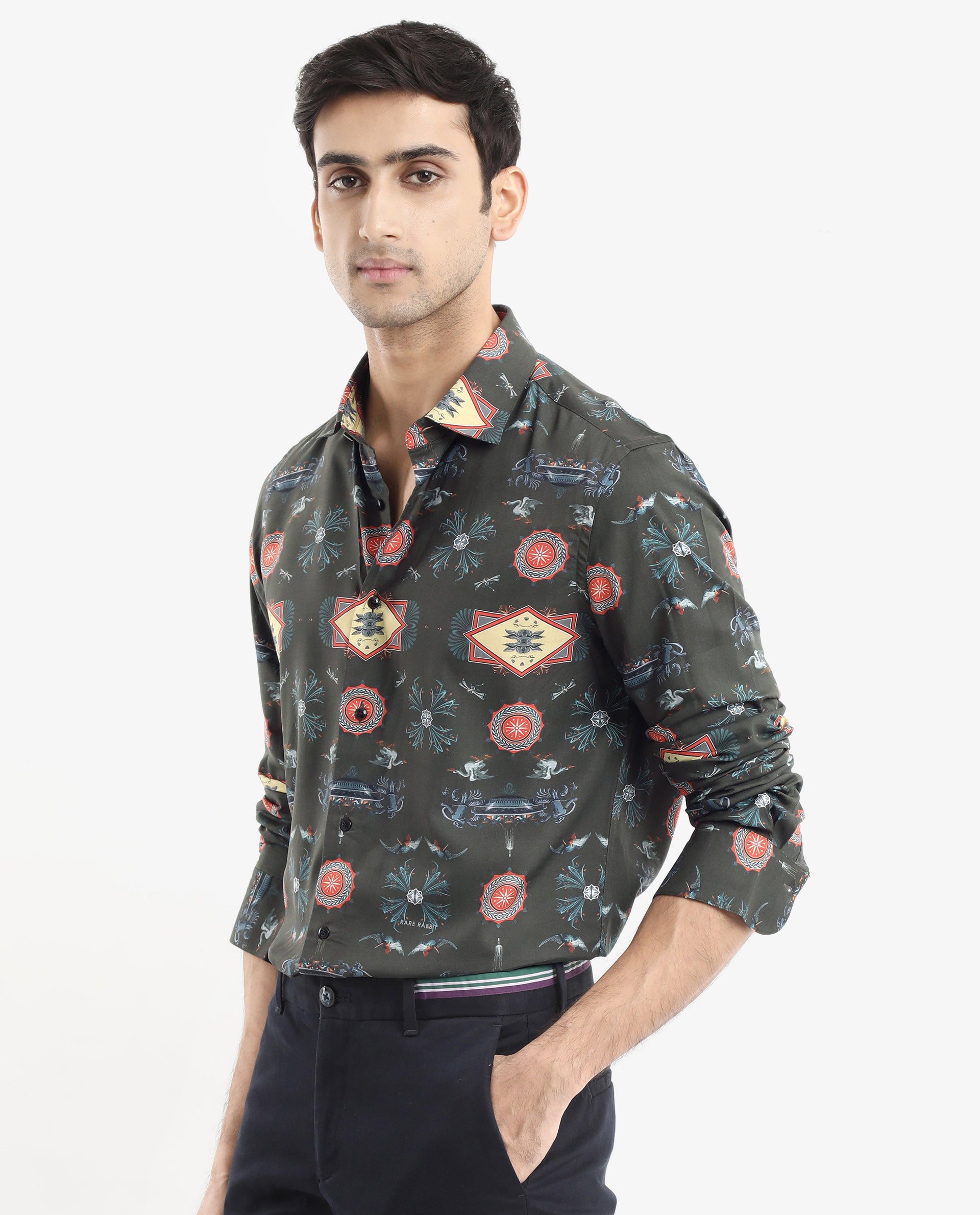 Rare Rabbit Men's Algol Dark Olive Viscose Fabric Full Sleeve Regular Fit Decorative Art Print Shirt