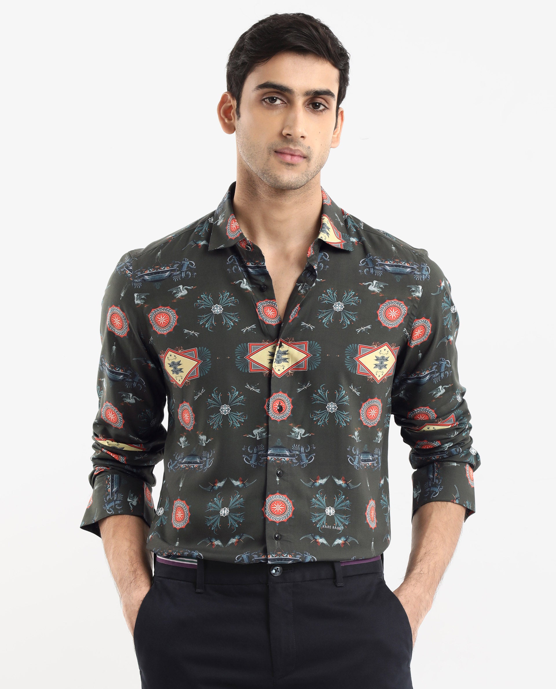 Rare Rabbit Men's Algol Dark Olive Viscose Fabric Full Sleeve Regular Fit Decorative Art Print Shirt