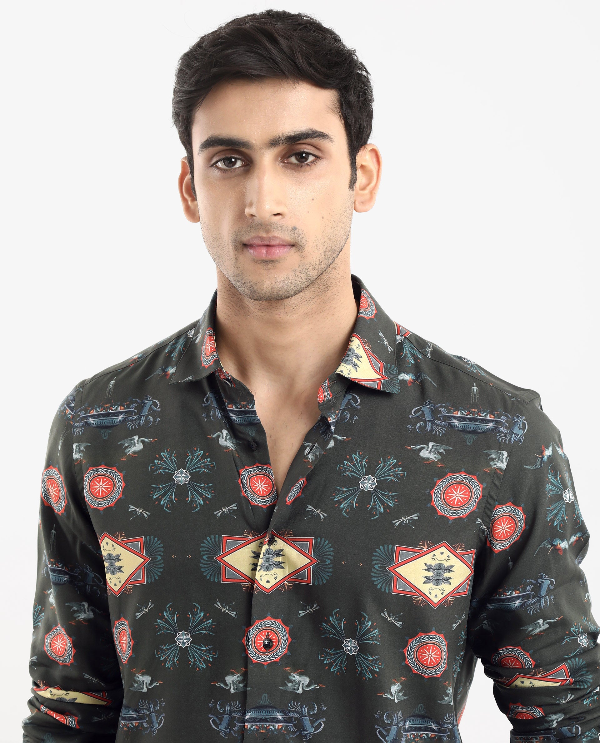 Rare Rabbit Men's Algol Dark Olive Viscose Fabric Full Sleeve Regular Fit Decorative Art Print Shirt