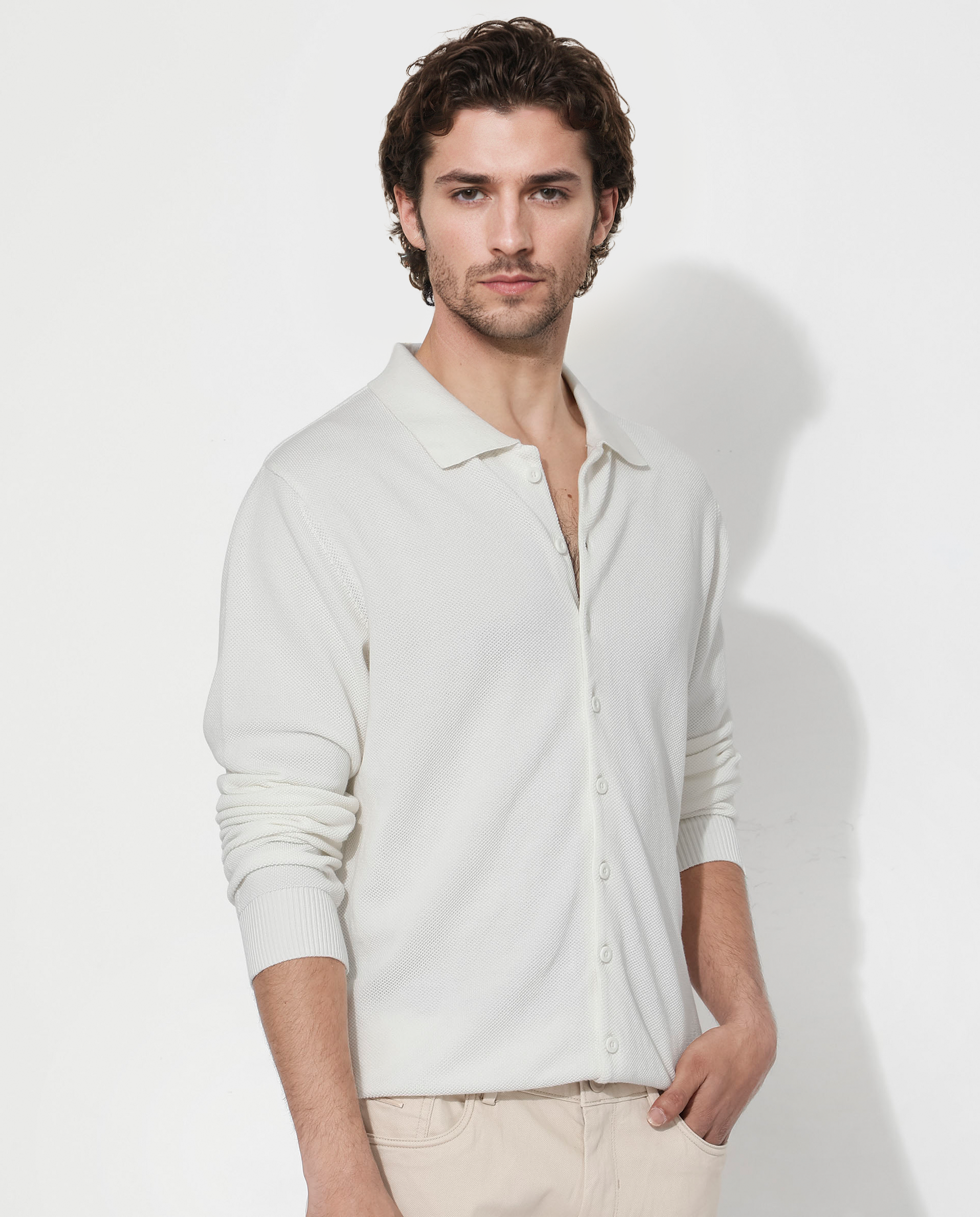 Rare Rabbit Men's Alias-N Off White Cotton Fabric Full Sleeve Regular Collar Regular Fit Knitted Shirt