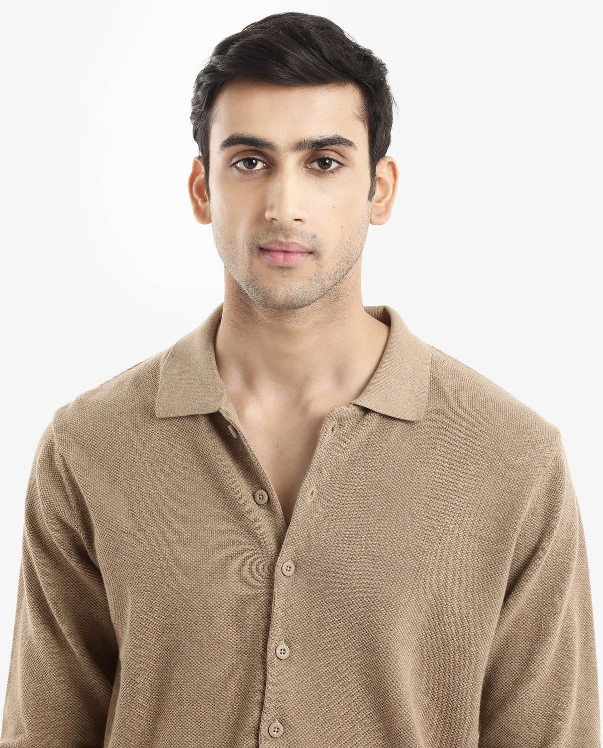 Rare Rabbit Men's Alias-N Beige Cotton Fabric Full Sleeve Regular Collar Regular Fit Knitted Shirt