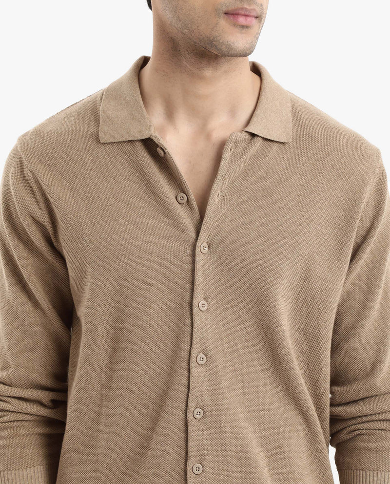 Rare Rabbit Men's Alias-N Beige Cotton Fabric Full Sleeve Regular Collar Regular Fit Knitted Shirt