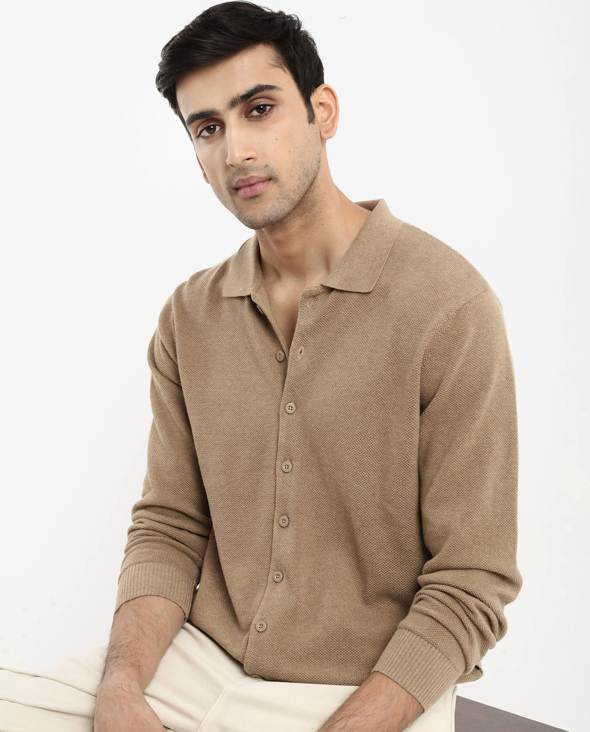 Rare Rabbit Men's Alias-N Beige Cotton Fabric Full Sleeve Regular Collar Regular Fit Knitted Shirt