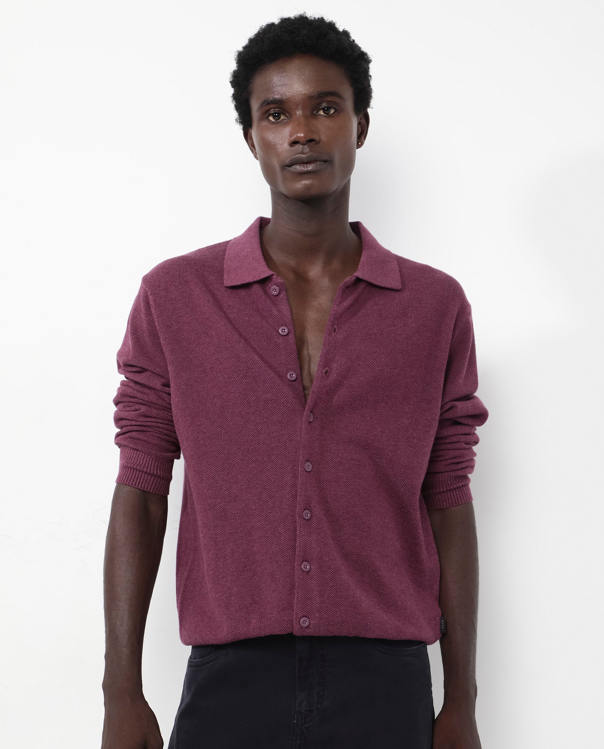 Rare Rabbit Men's Alias-N Dusky Purple Cotton Fabric Full Sleeve Regular Collar Regular Fit Knitted Shirt
