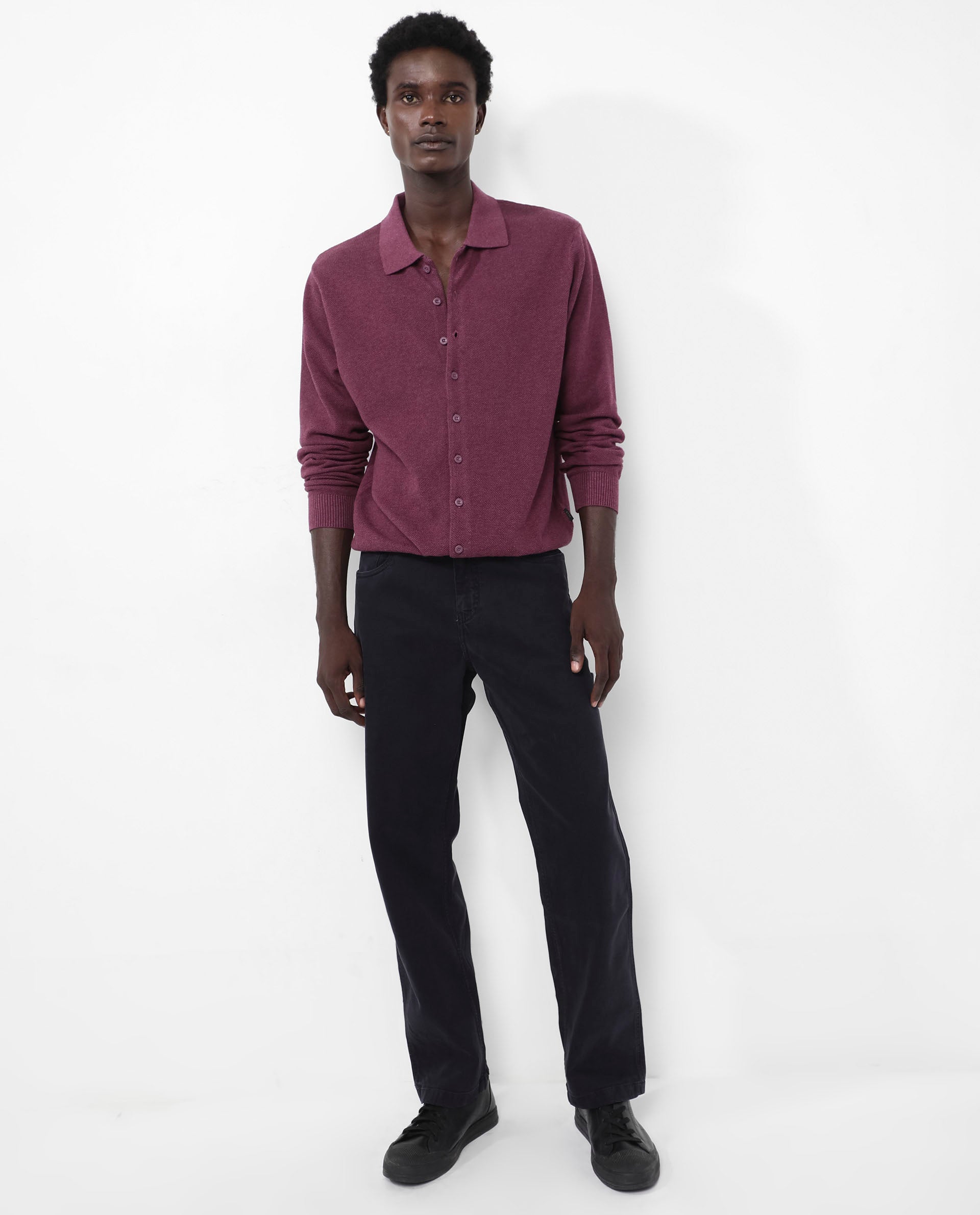 Rare Rabbit Men's Alias-N Dusky Purple Cotton Fabric Full Sleeve Regular Collar Regular Fit Knitted Shirt