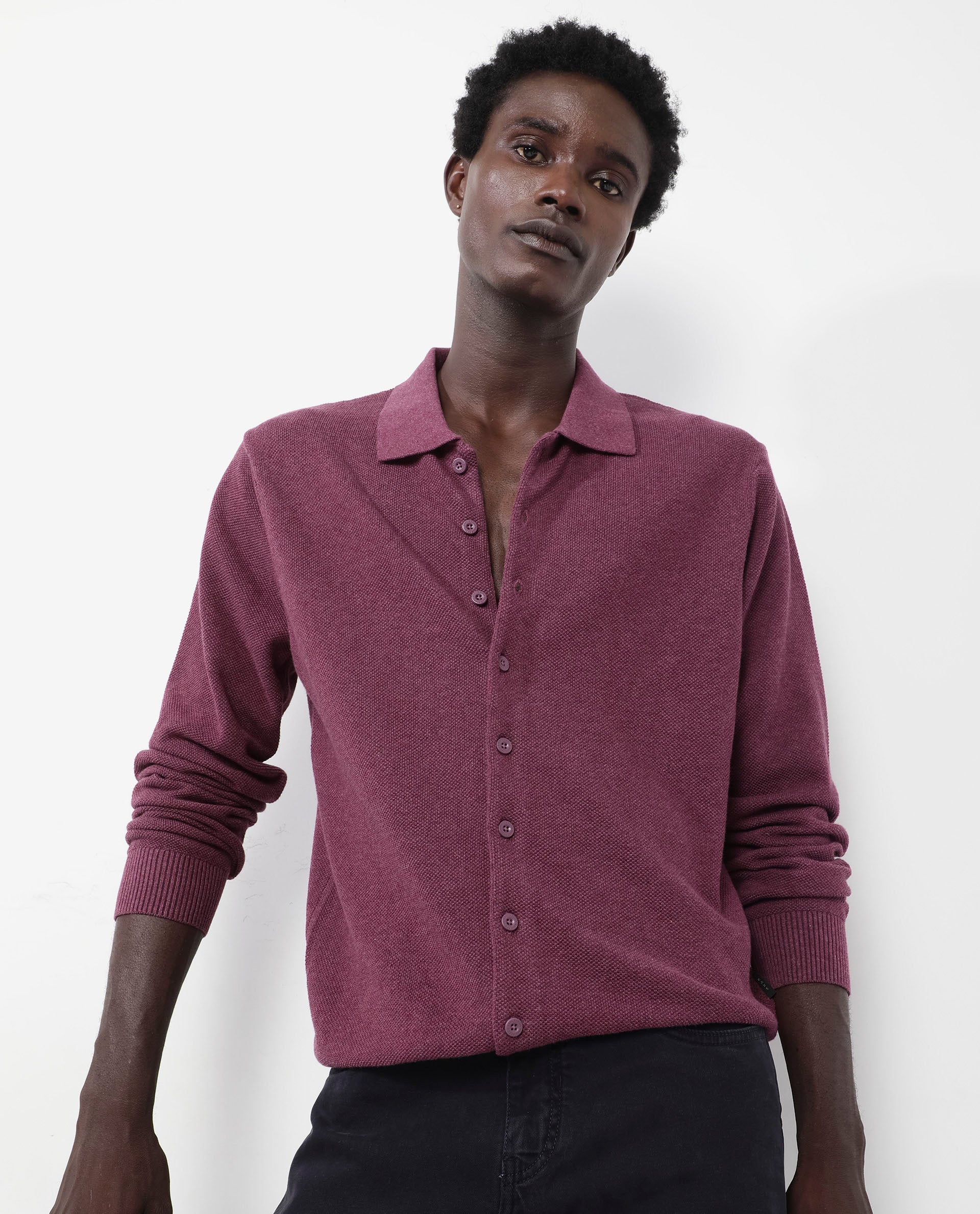 Rare Rabbit Men's Alias-N Dusky Purple Cotton Fabric Full Sleeve Regular Collar Regular Fit Knitted Shirt