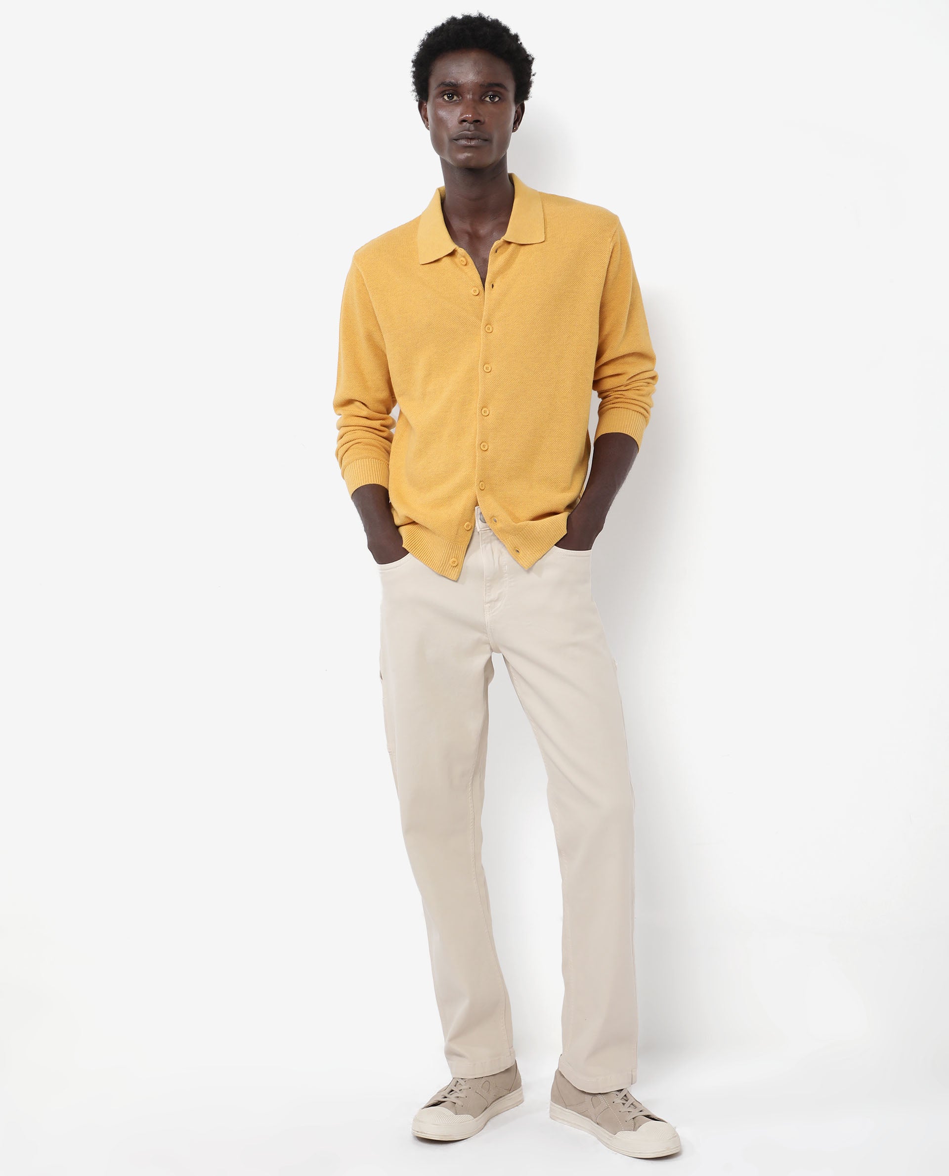 Rare Rabbit Men's Alias-N Dusky Yellow Cotton Fabric Full Sleeve Regular Collar Regular Fit Knitted Shirt