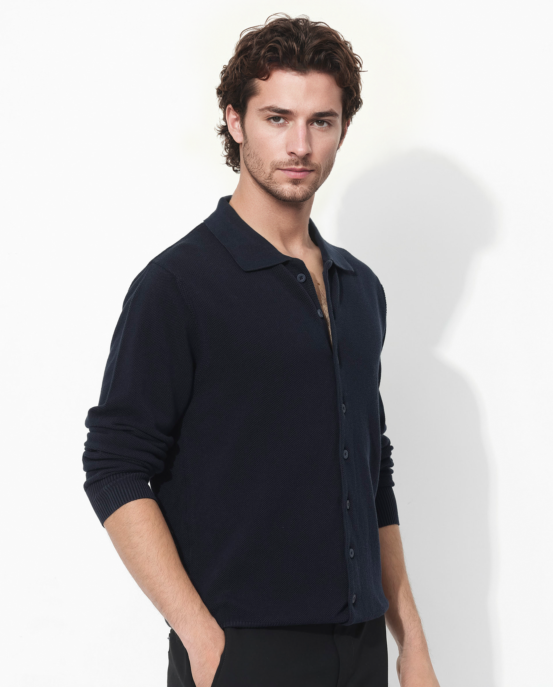 Rare Rabbit Men's Alias-N Navy Cotton Fabric Full Sleeve Regular Collar Regular Fit Knitted Shirt