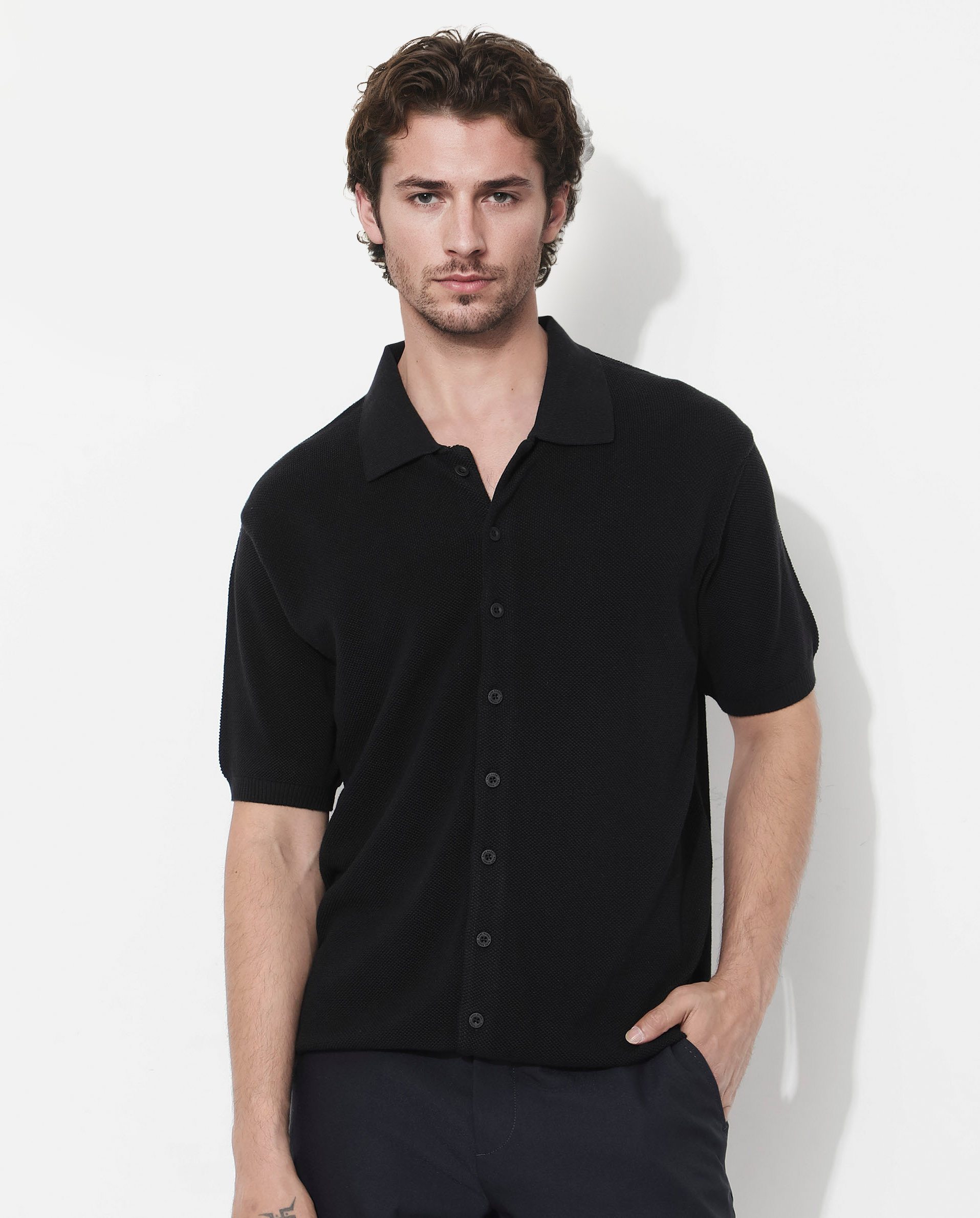 Rare Rabbit Men's Alias-N SS Black Cotton Fabric Half Sleeve Regular Collar Regular Fit Knitted Shirt