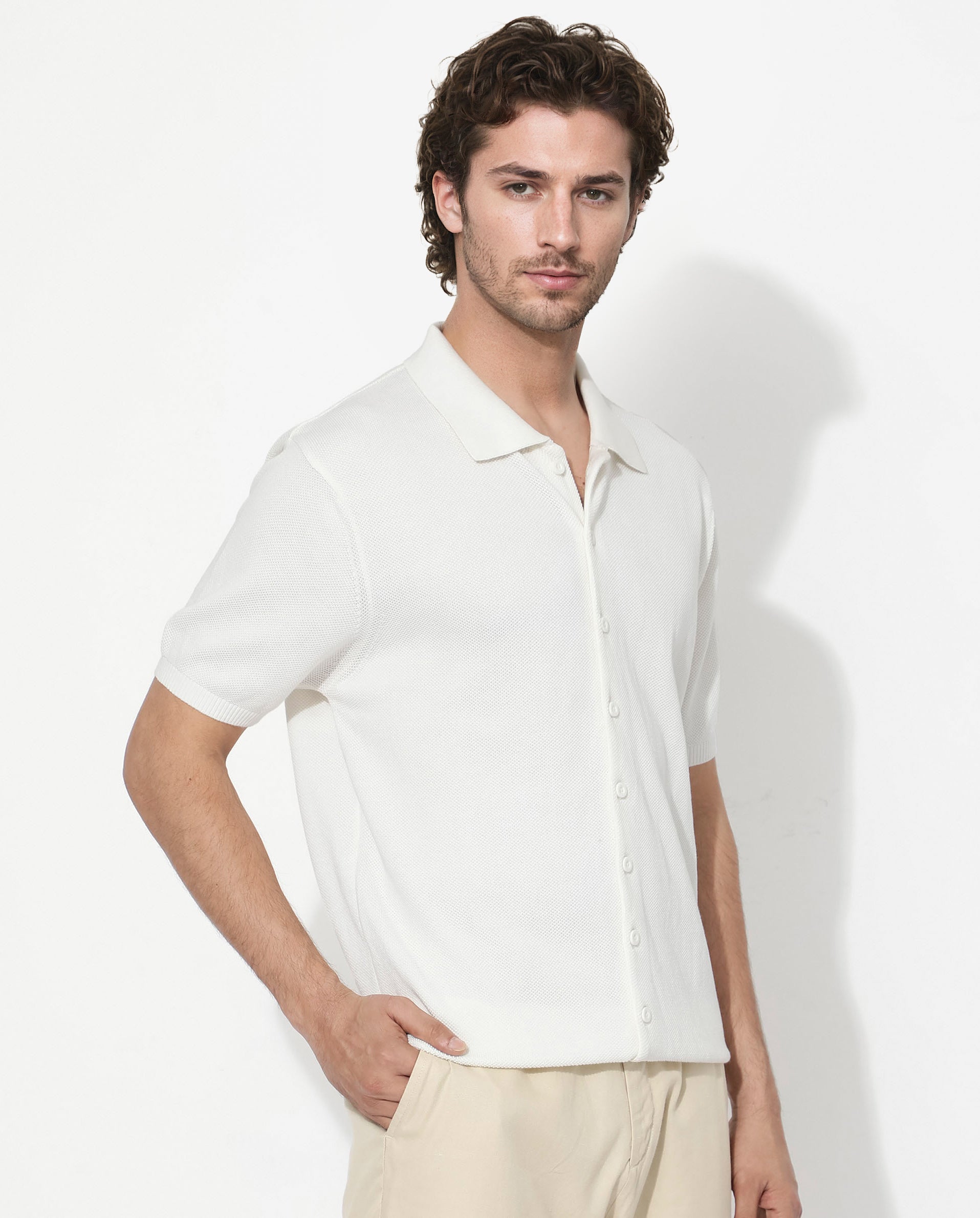 Rare Rabbit Men's Alias-N SS Off White Cotton Fabric Half Sleeve Regular Collar Regular Fit Knitted Shirt