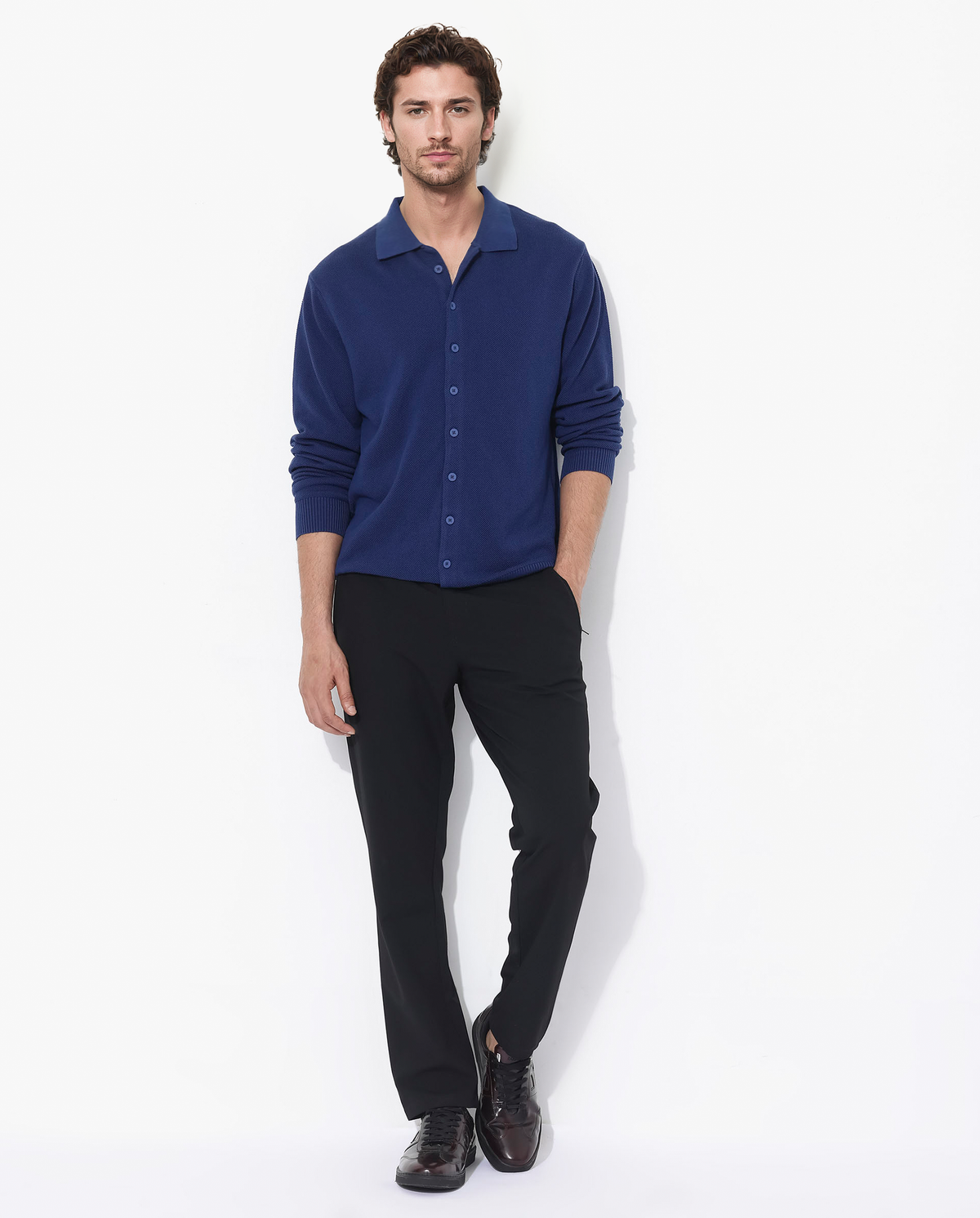 Rare Rabbit Men's Alias-N Flouroscent Blue Cotton Fabric Full Sleeve Regular Collar Regular Fit Knitted Shirt