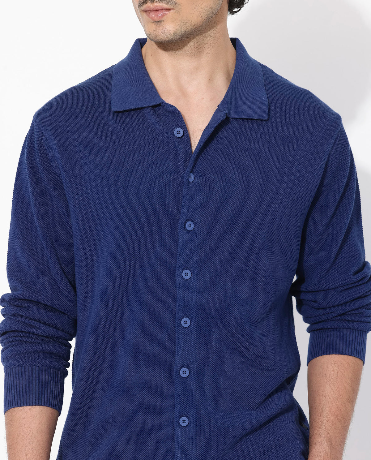 Rare Rabbit Men's Alias-N Flouroscent Blue Cotton Fabric Full Sleeve Regular Collar Regular Fit Knitted Shirt