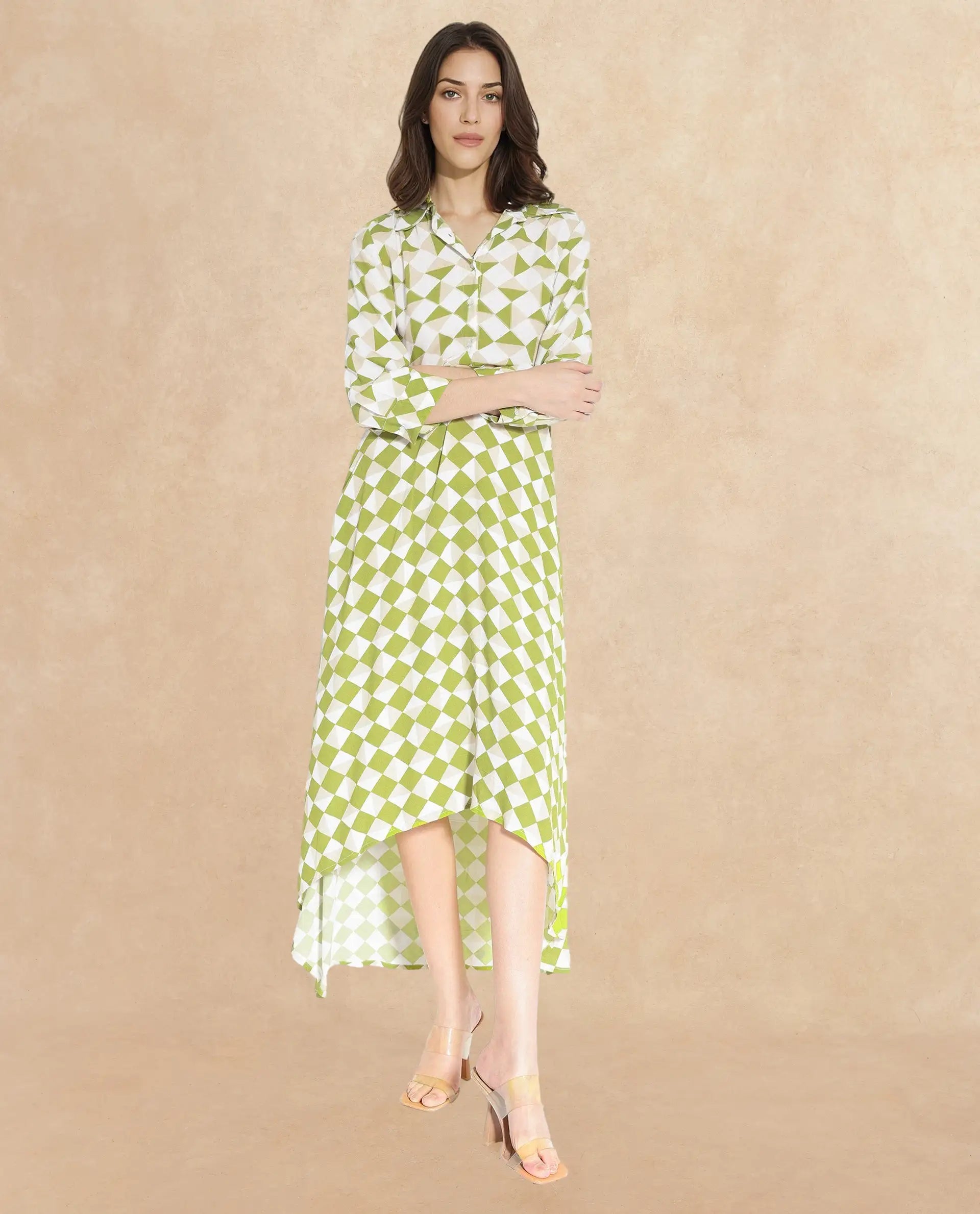 Rareism Women's Alice Light Green  Spread Collar Button Closure Cuffed Sleeve Geometric Print Flared Maxi Dress