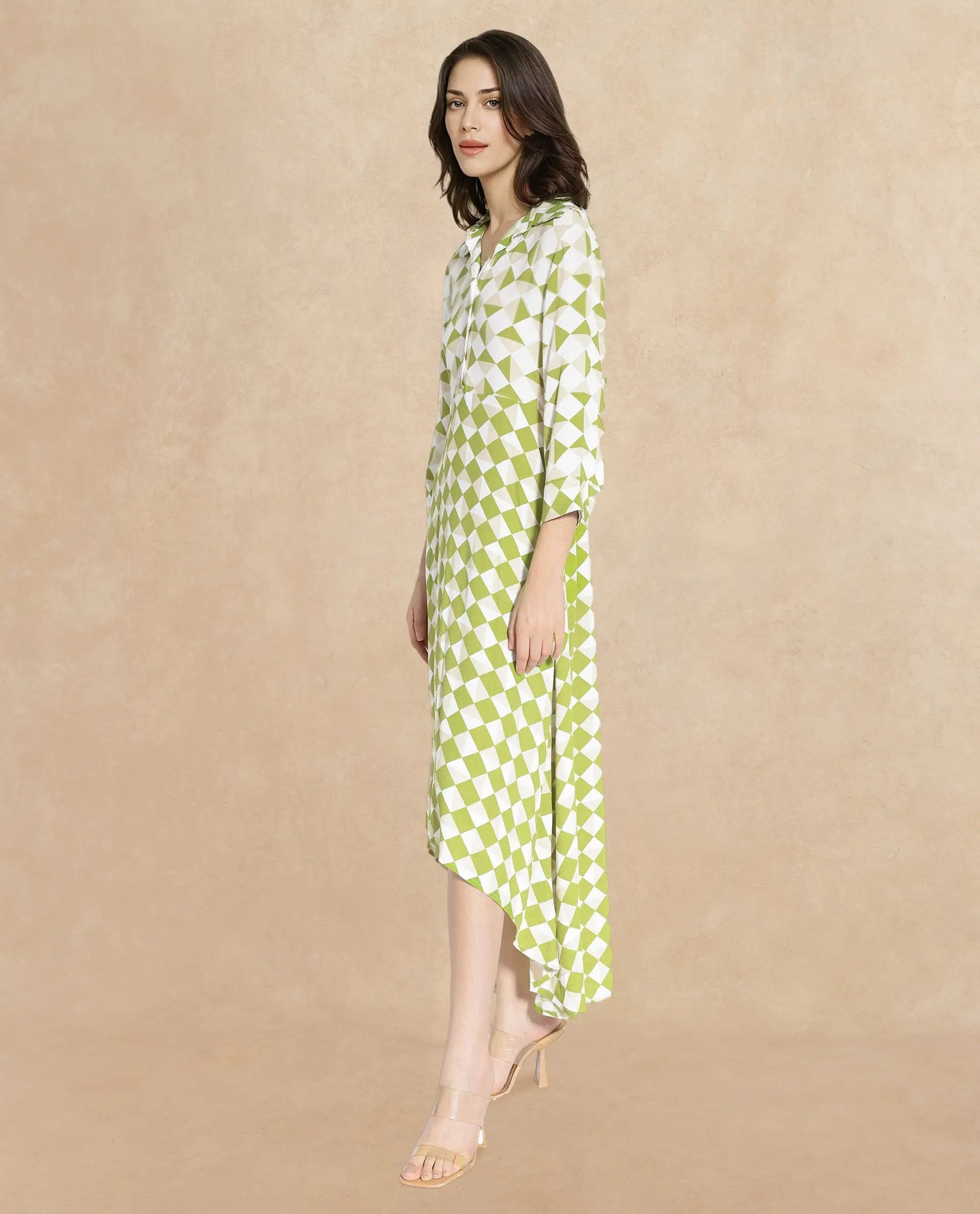 Rareism Women's Alice Light Green  Spread Collar Button Closure Cuffed Sleeve Geometric Print Flared Maxi Dress