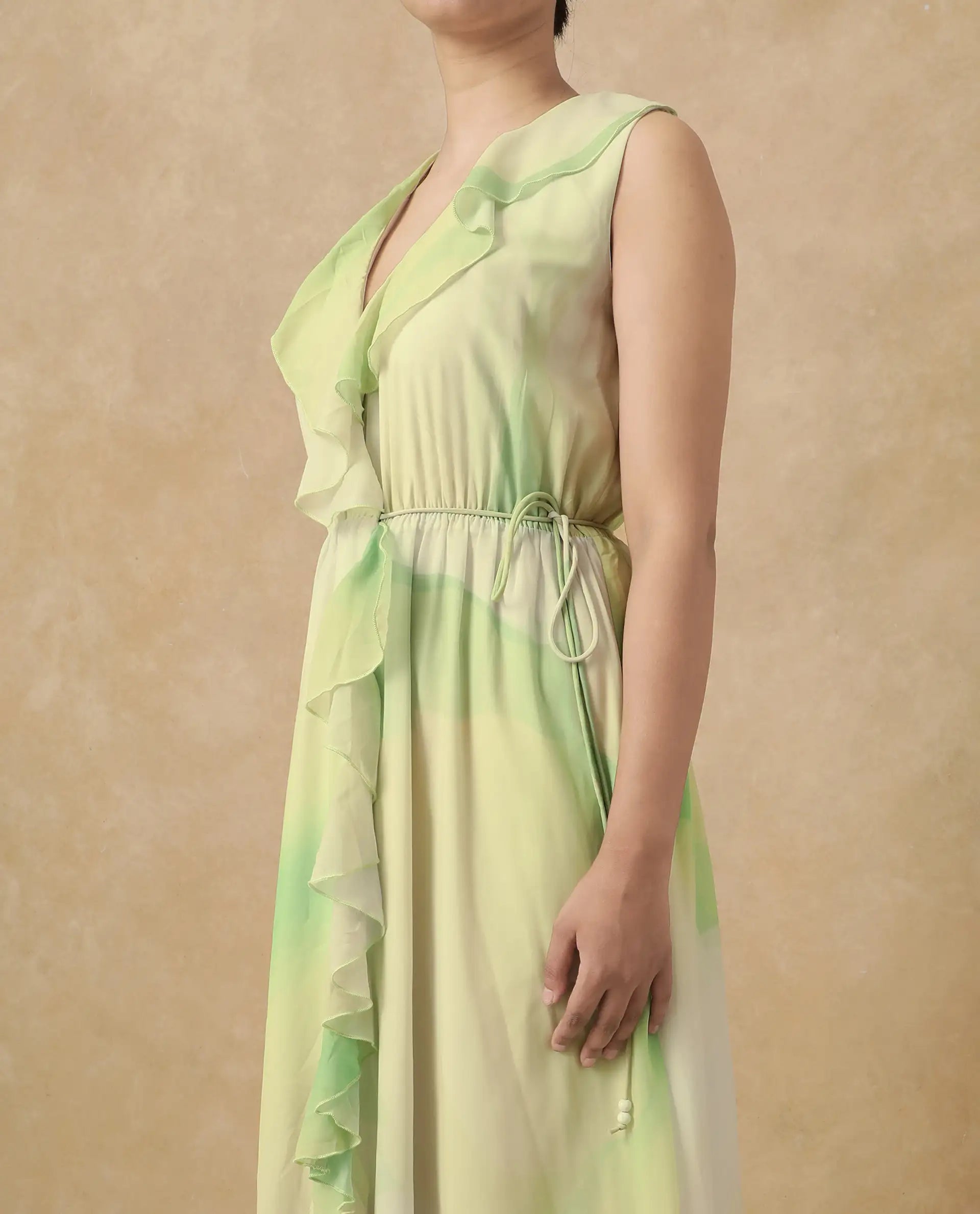 Rareism Women's Alicia Green Polyester Overlap Neck Abstract Print Sleeveless Maxi A-Line Dress