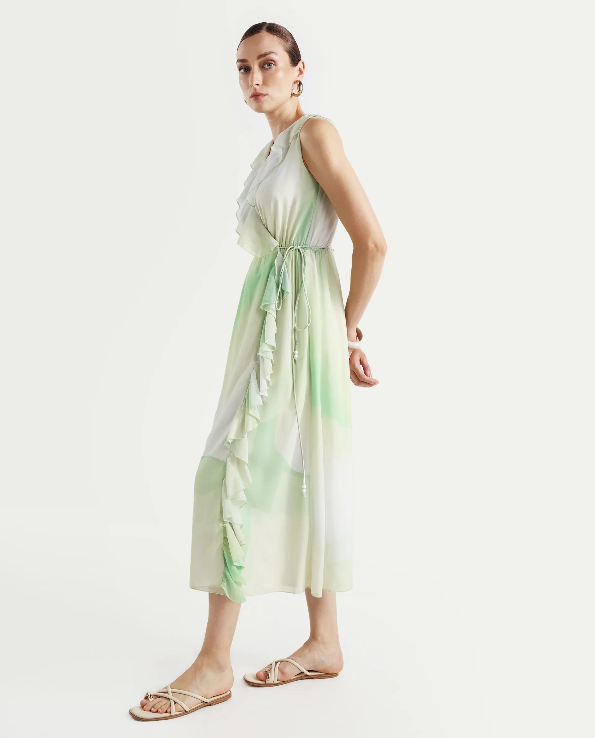 Rareism Women's Alicia Green Polyester Overlap Neck Abstract Print Sleeveless Maxi A-Line Dress