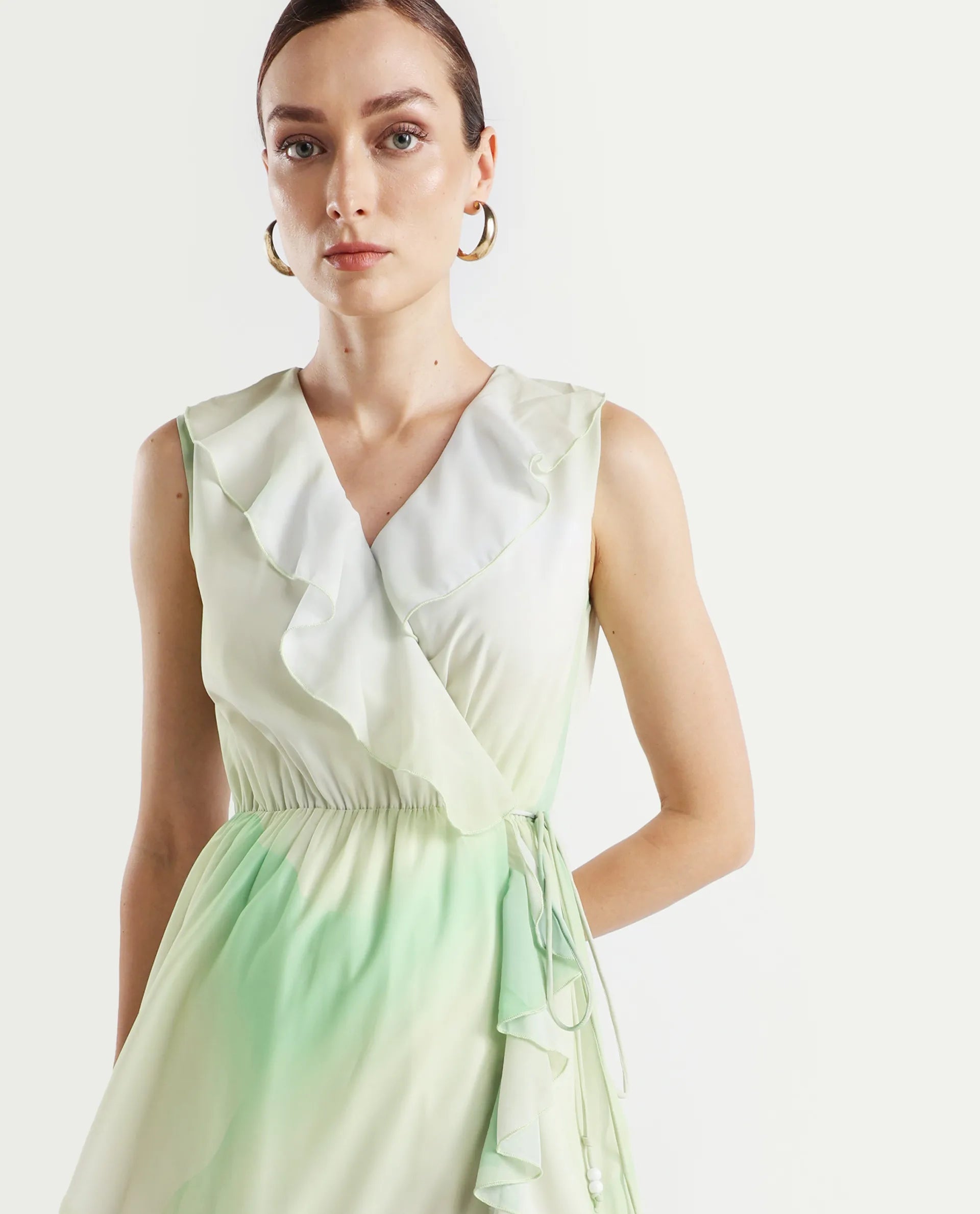 Rareism Women's Alicia Green Polyester Overlap Neck Abstract Print Sleeveless Maxi A-Line Dress