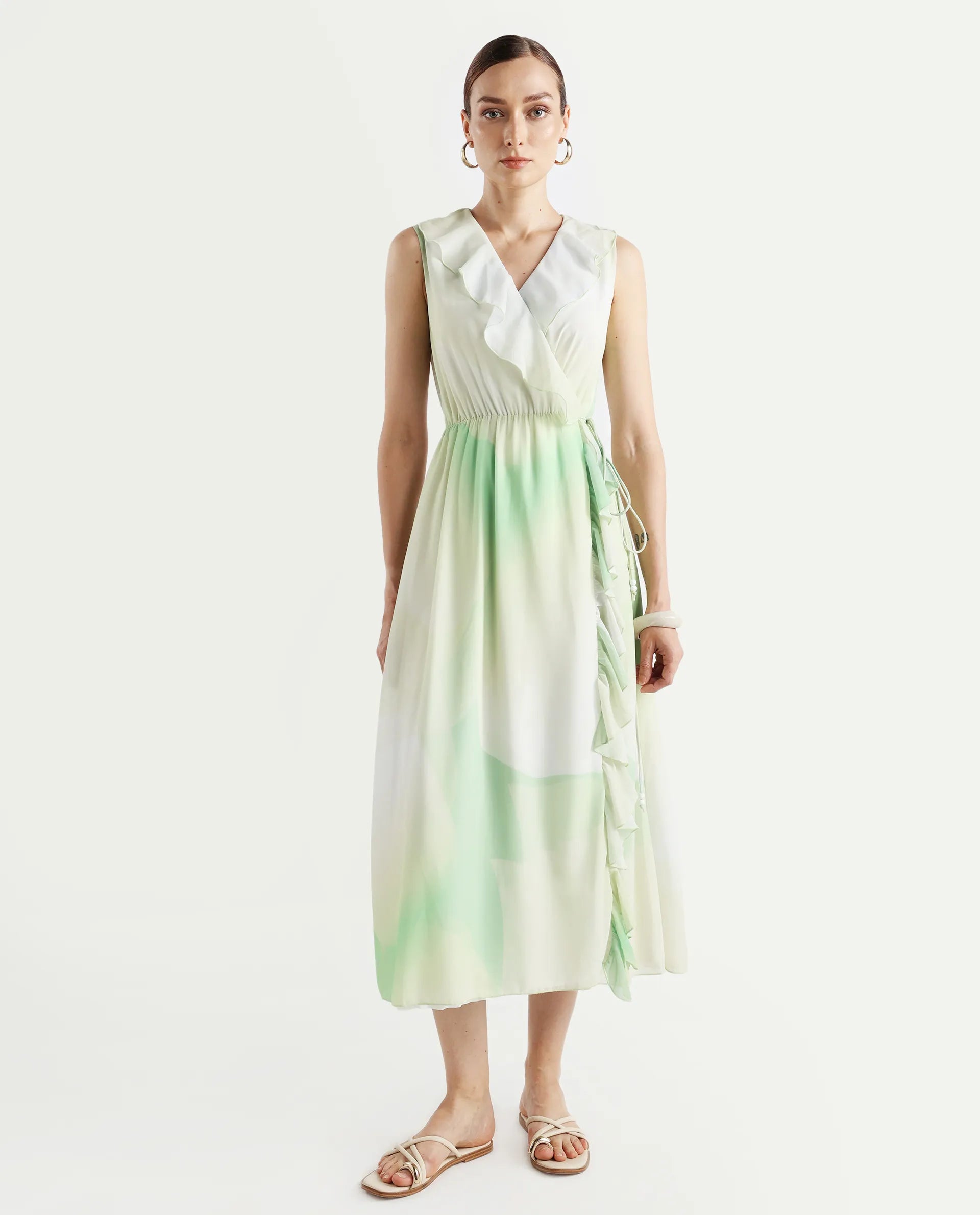 Rareism Women's Alicia Green Polyester Overlap Neck Abstract Print Sleeveless Maxi A-Line Dress