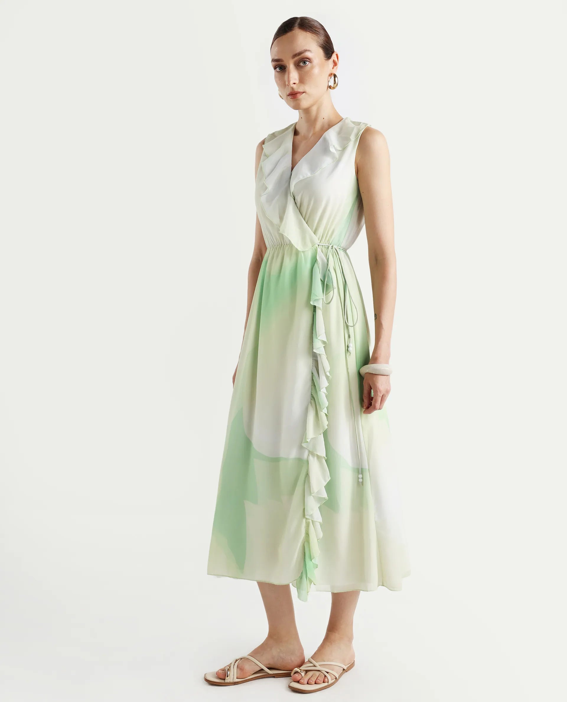 Rareism Women's Alicia Green Polyester Overlap Neck Abstract Print Sleeveless Maxi A-Line Dress