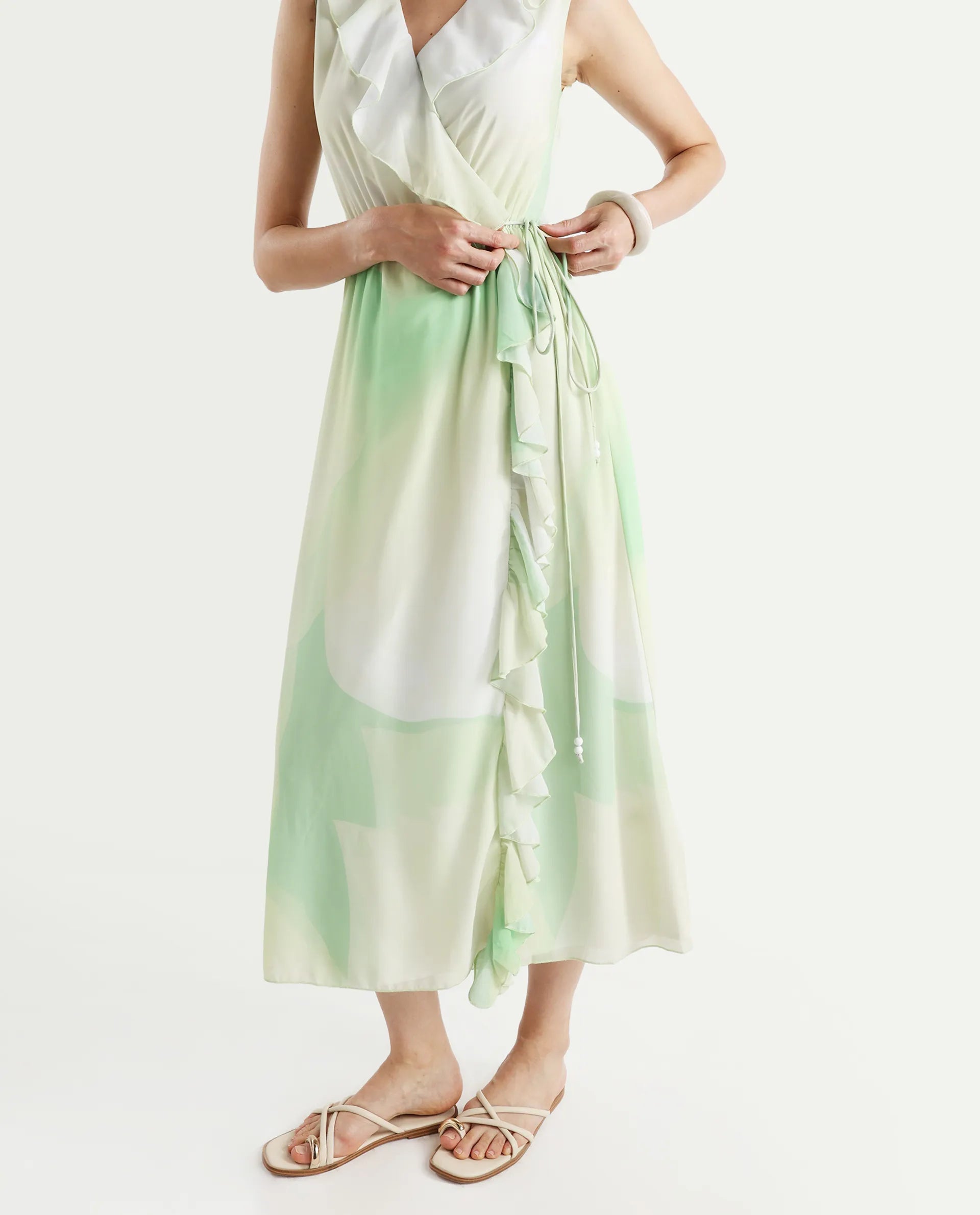 Rareism Women's Alicia Green Polyester Overlap Neck Abstract Print Sleeveless Maxi A-Line Dress