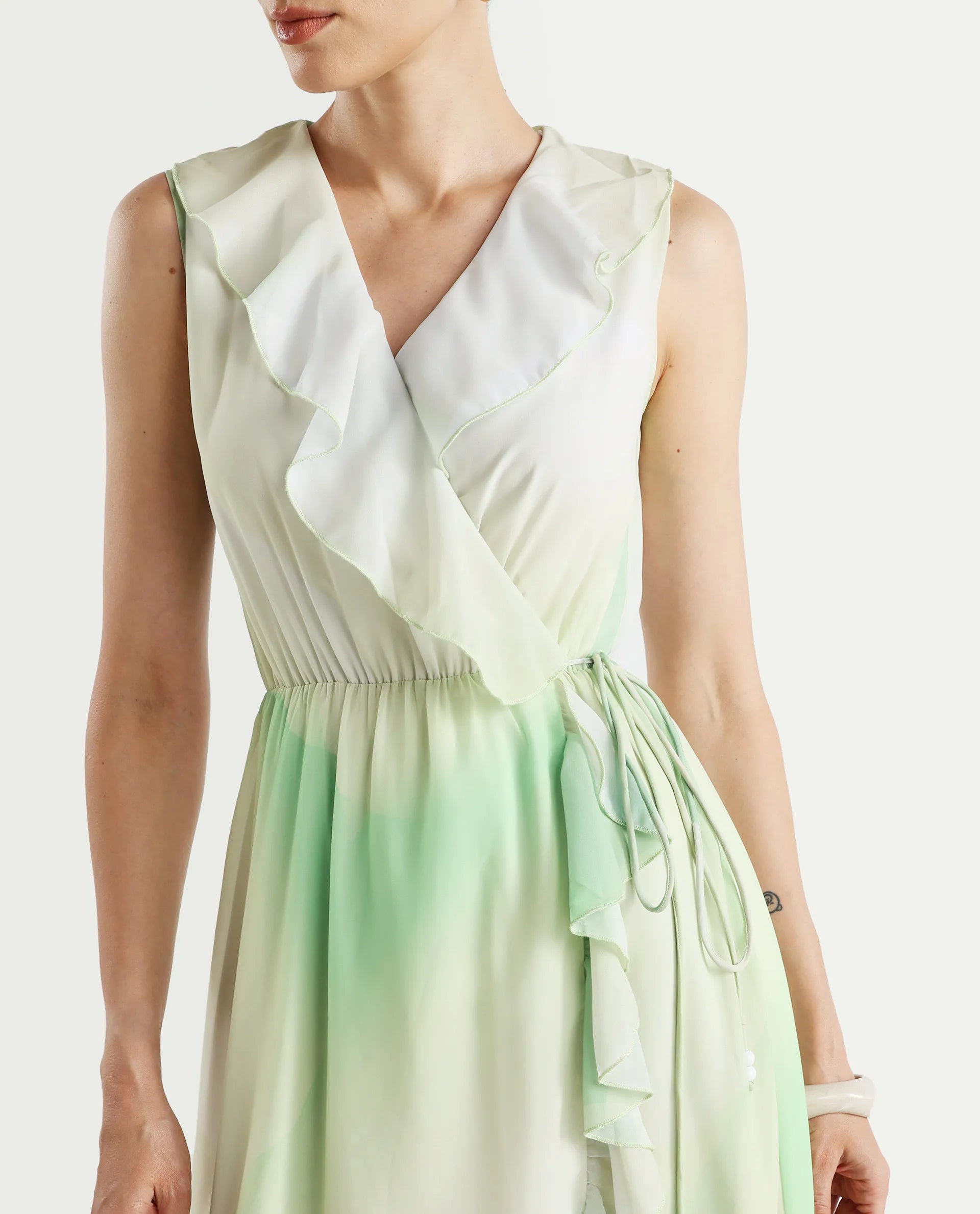 Rareism Women's Alicia Green Polyester Overlap Neck Abstract Print Sleeveless Maxi A-Line Dress