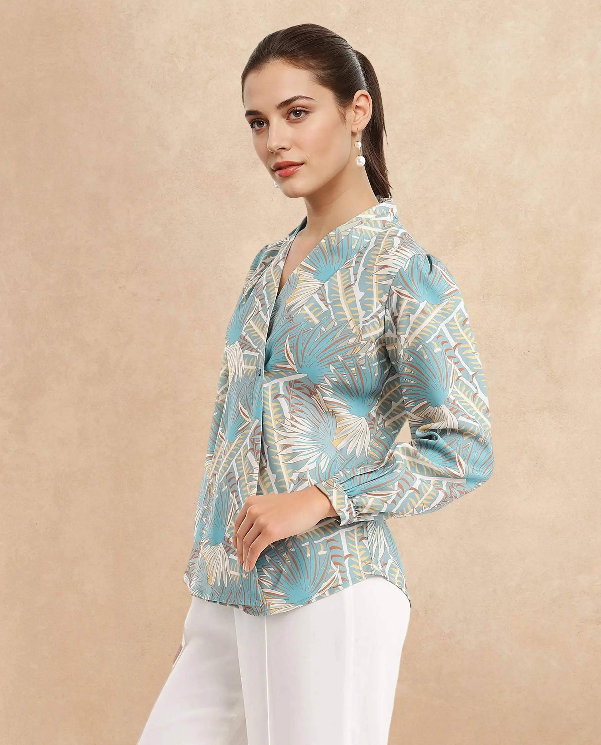 Rareism Women Alici Blue Bishop Sleeve Over Lap Neck Abstract Print Top