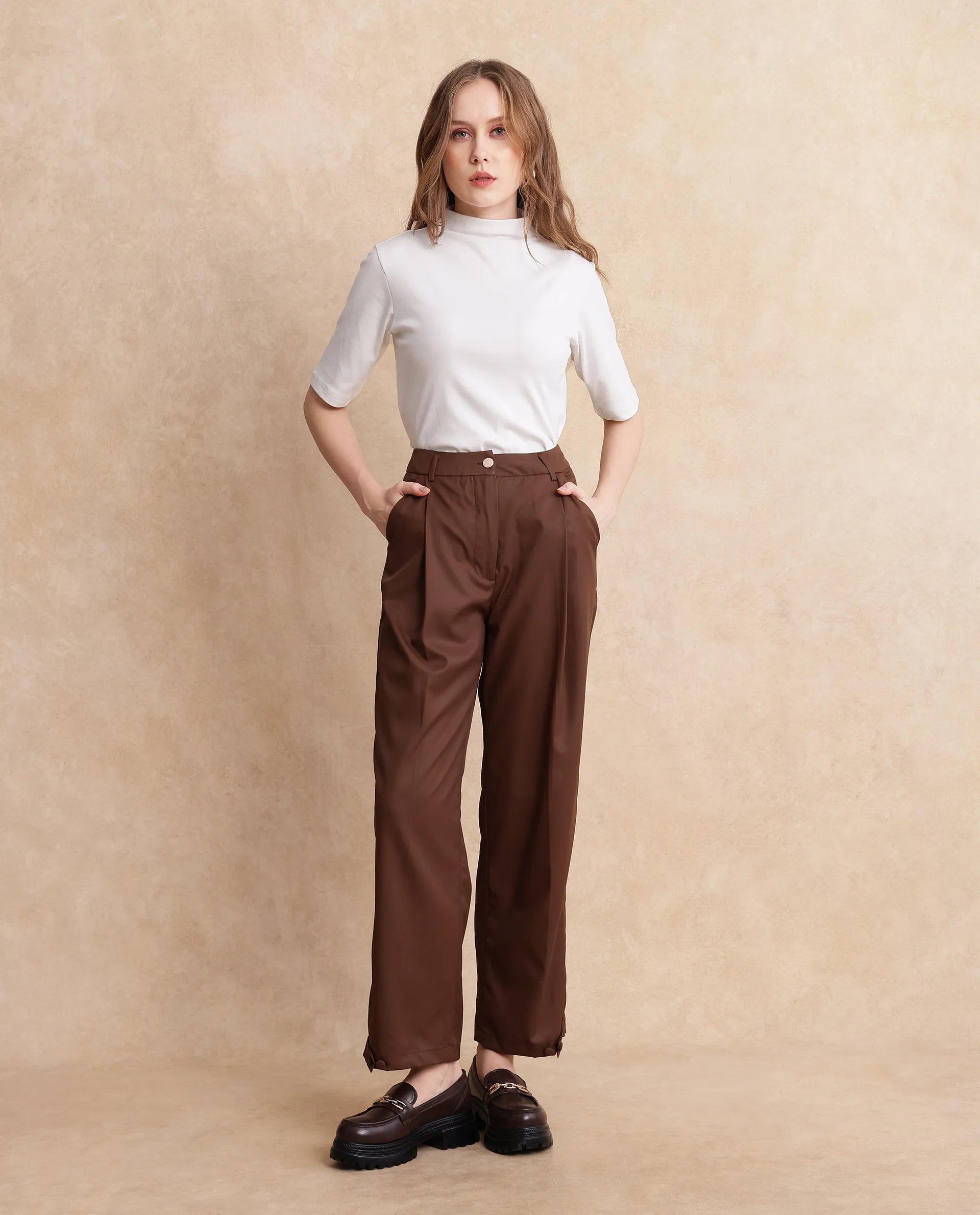 Rareism Women Alina Brown Plain Trouser