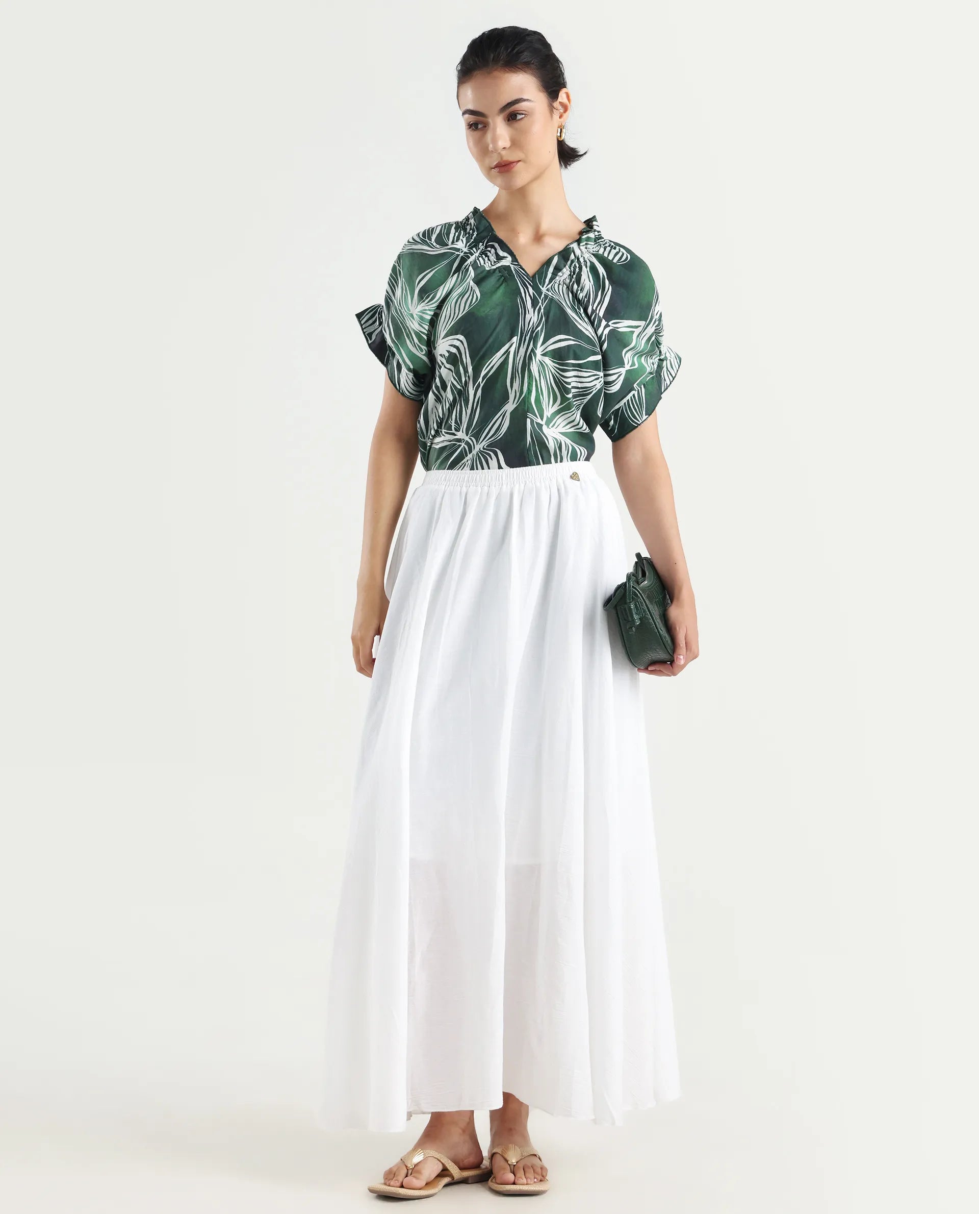 Rareism Women's Alina White Cotton Plain Ankle Length Flared Skirt