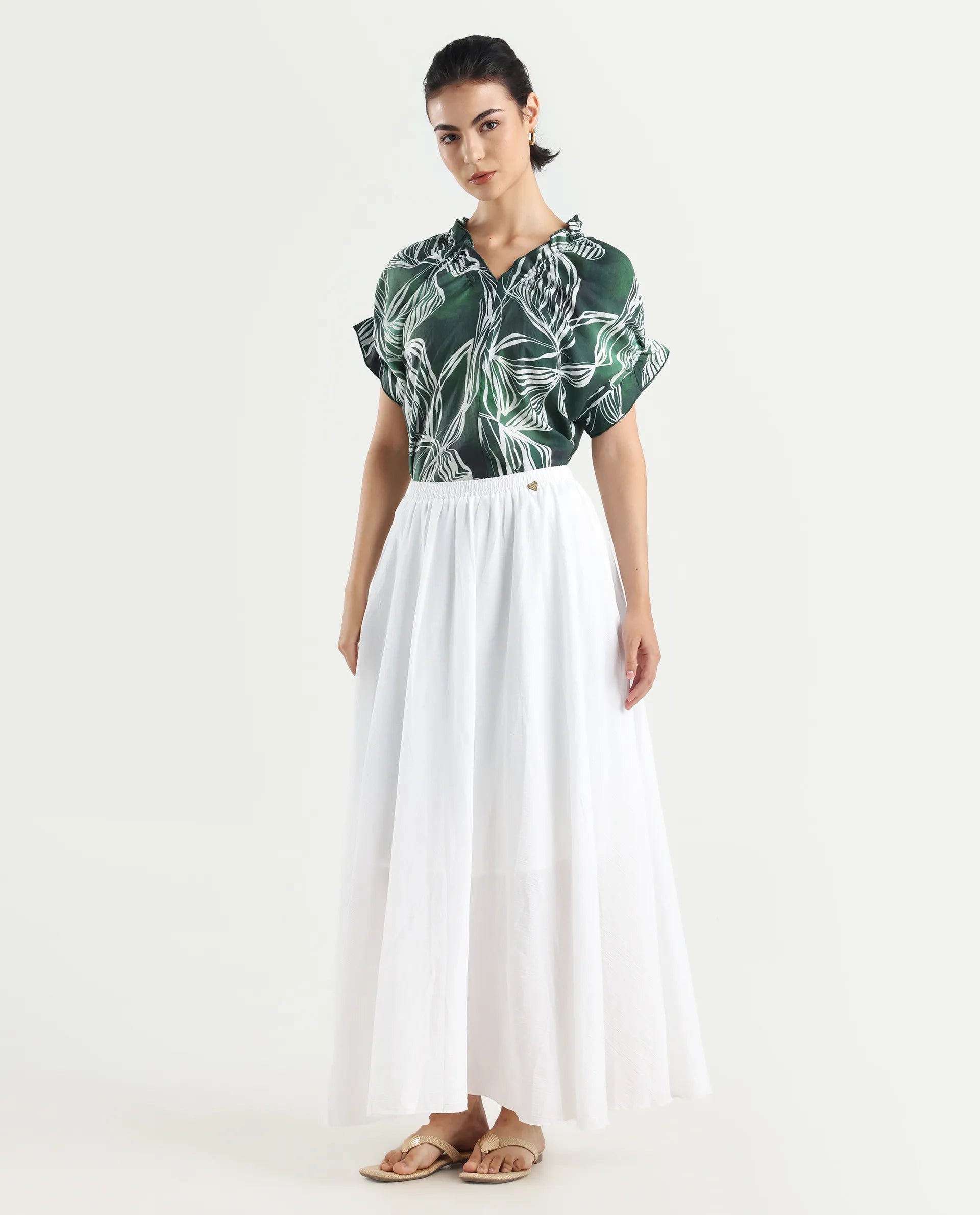 Rareism Women's Alina White Cotton Plain Ankle Length Flared Skirt