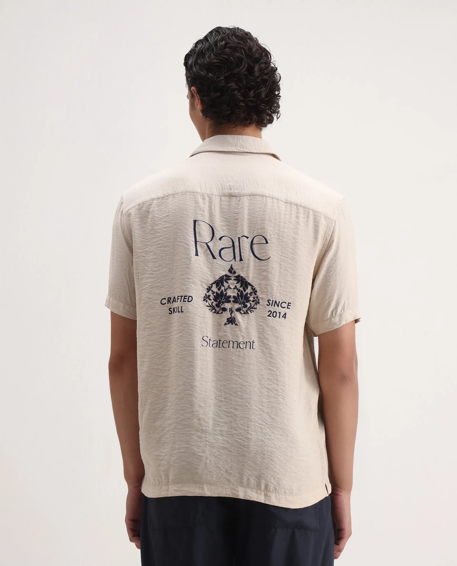 Rare Rabbit Men's Alix Beige Viscose Blend Embroidered Boxy Fit Half Sleeve Cuban Collar Shirt