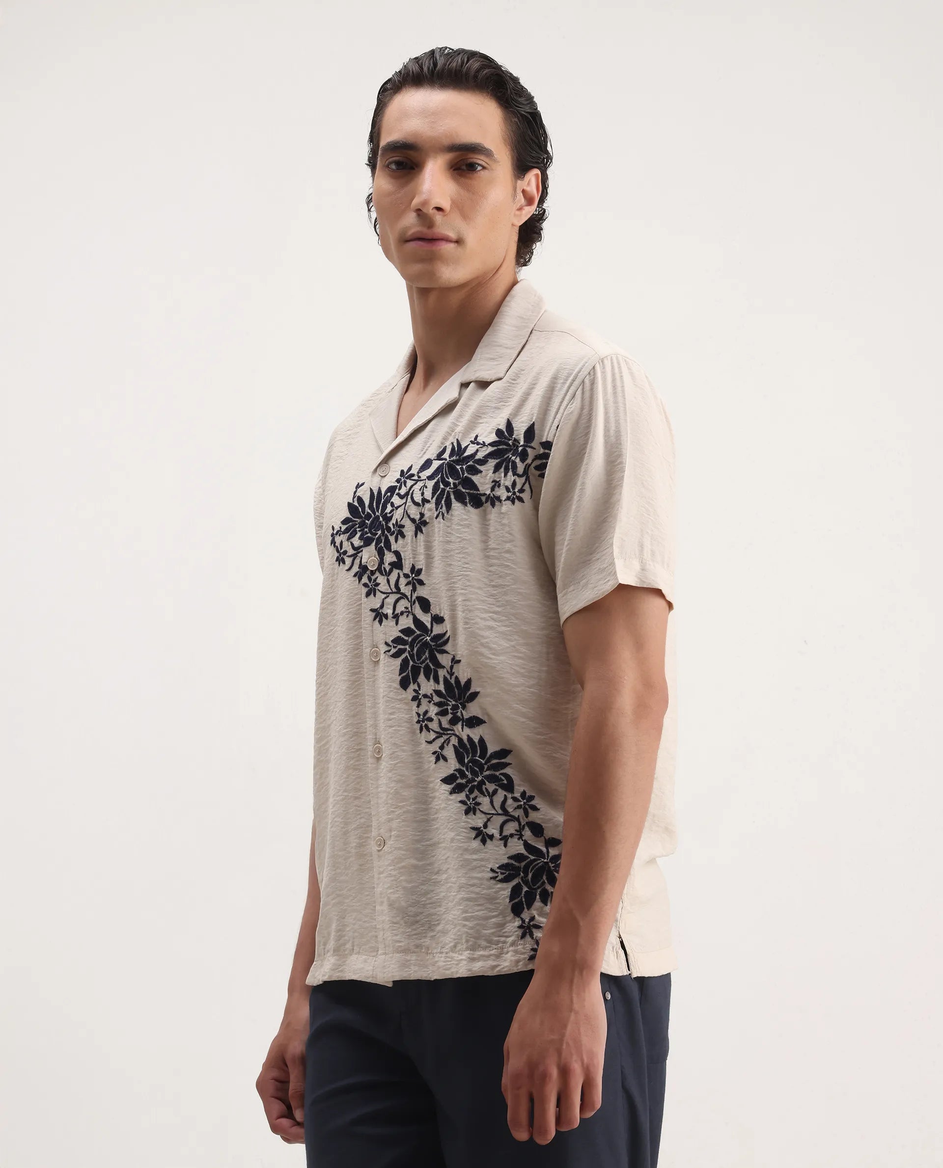 Rare Rabbit Men's Alix Beige Viscose Blend Embroidered Boxy Fit Half Sleeve Cuban Collar Shirt