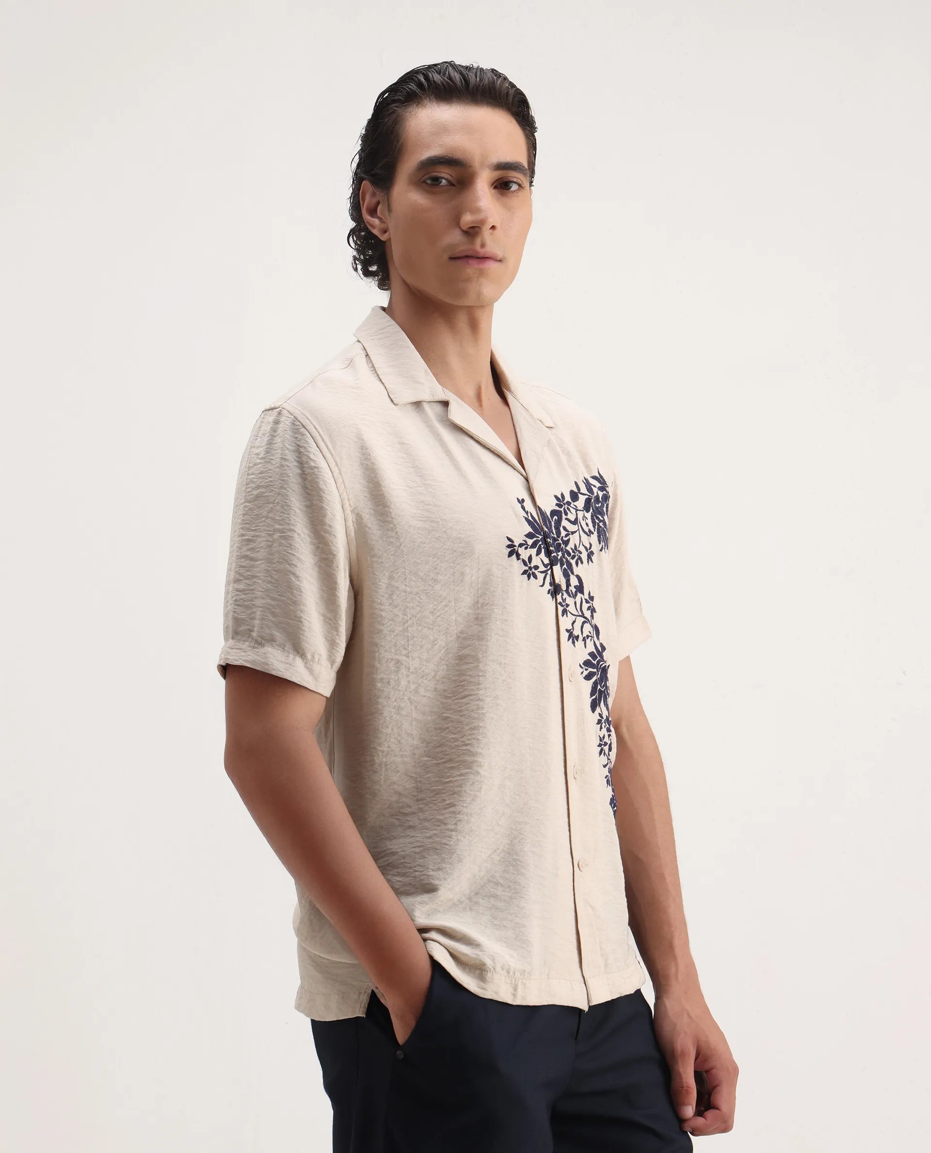 Rare Rabbit Men's Alix Beige Viscose Blend Embroidered Boxy Fit Half Sleeve Cuban Collar Shirt