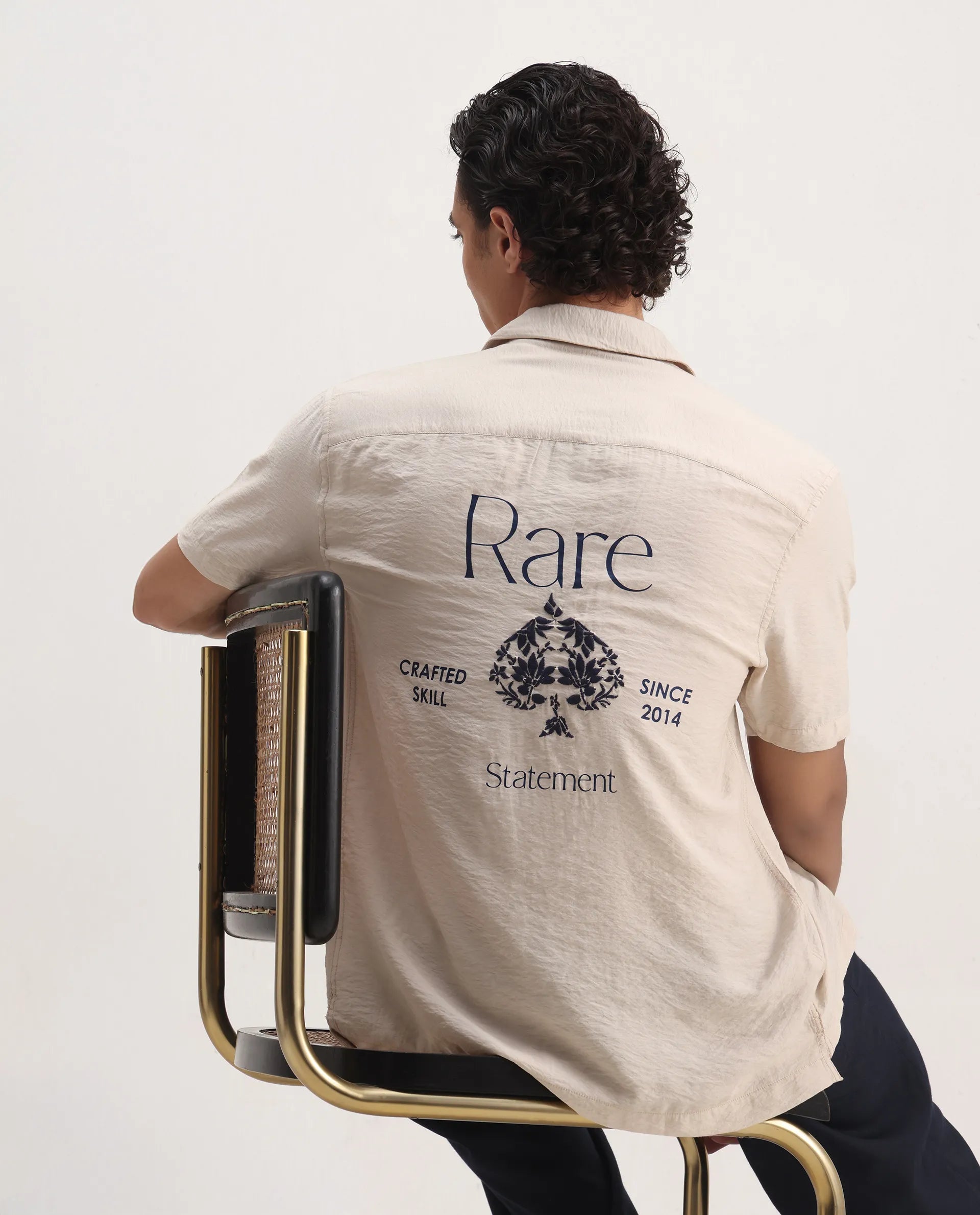 Rare Rabbit Men's Alix Beige Viscose Blend Embroidered Boxy Fit Half Sleeve Cuban Collar Shirt