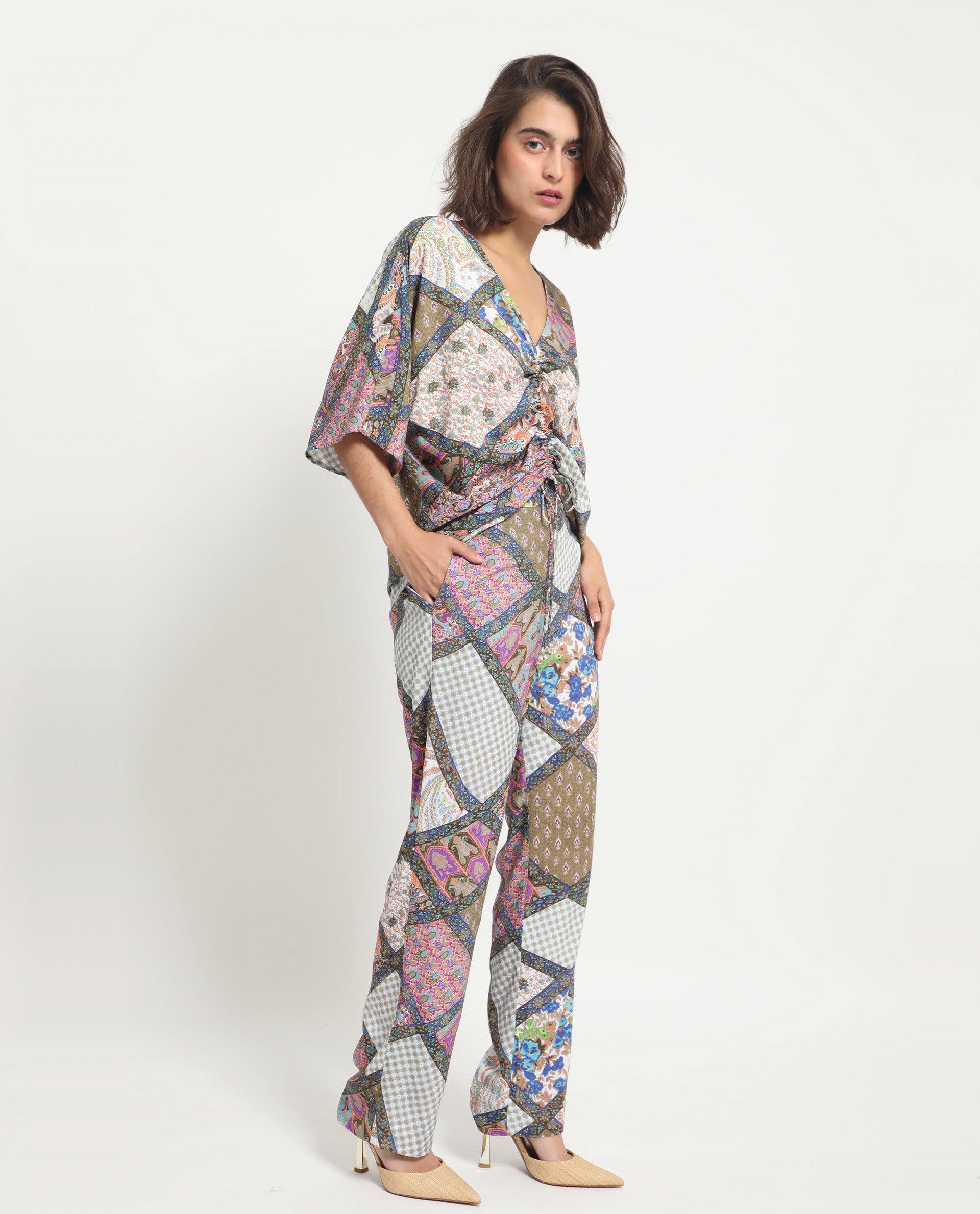 Rareism Women Allan Multi Viscose Fabric Drawstring Closure Tailored Fit Abstract Print Ankle Length Trousers