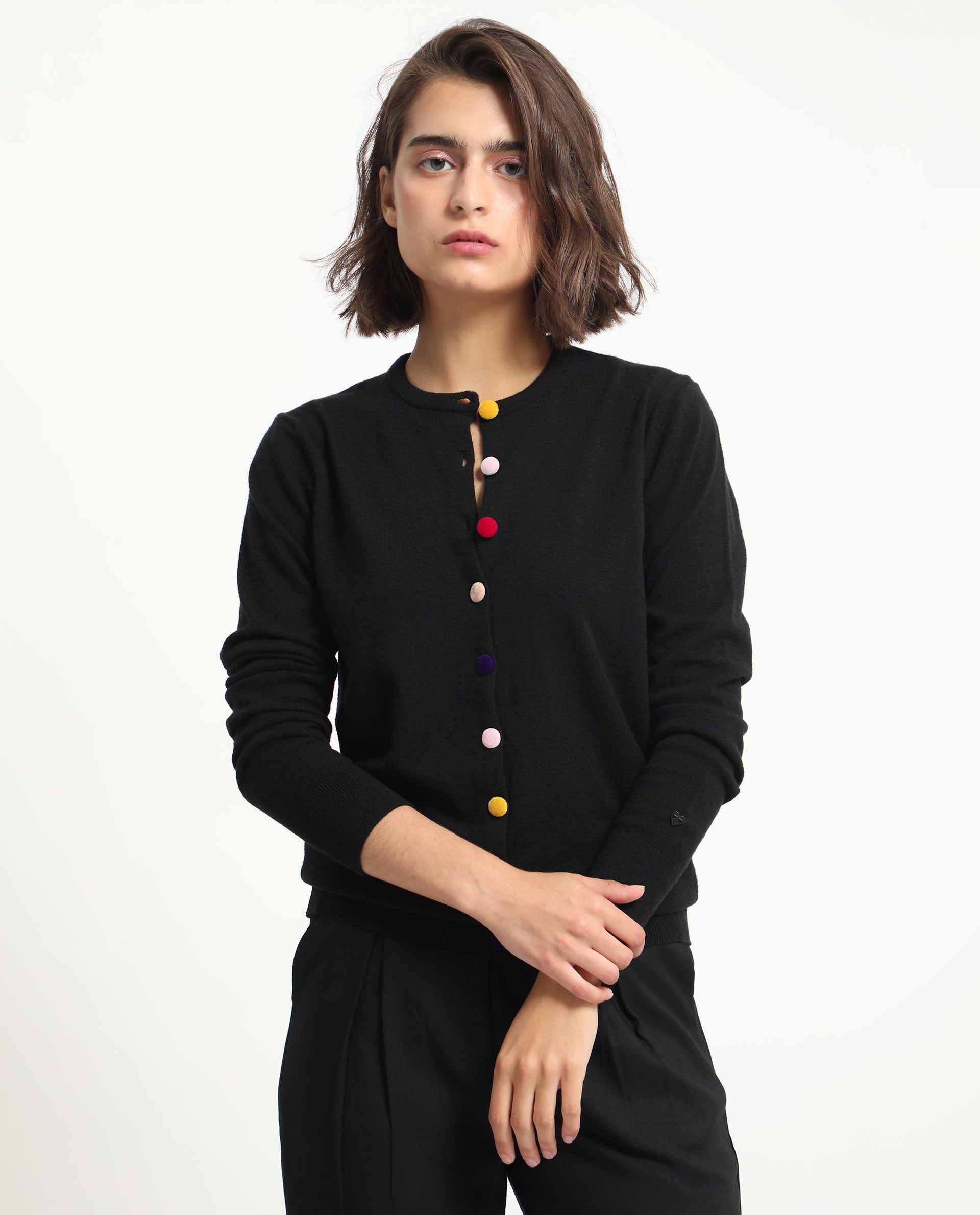Rareism Women Alle Black Viscose Fabric Full Sleeves Button Closure Round Neck Regular Fit Plain Sweater